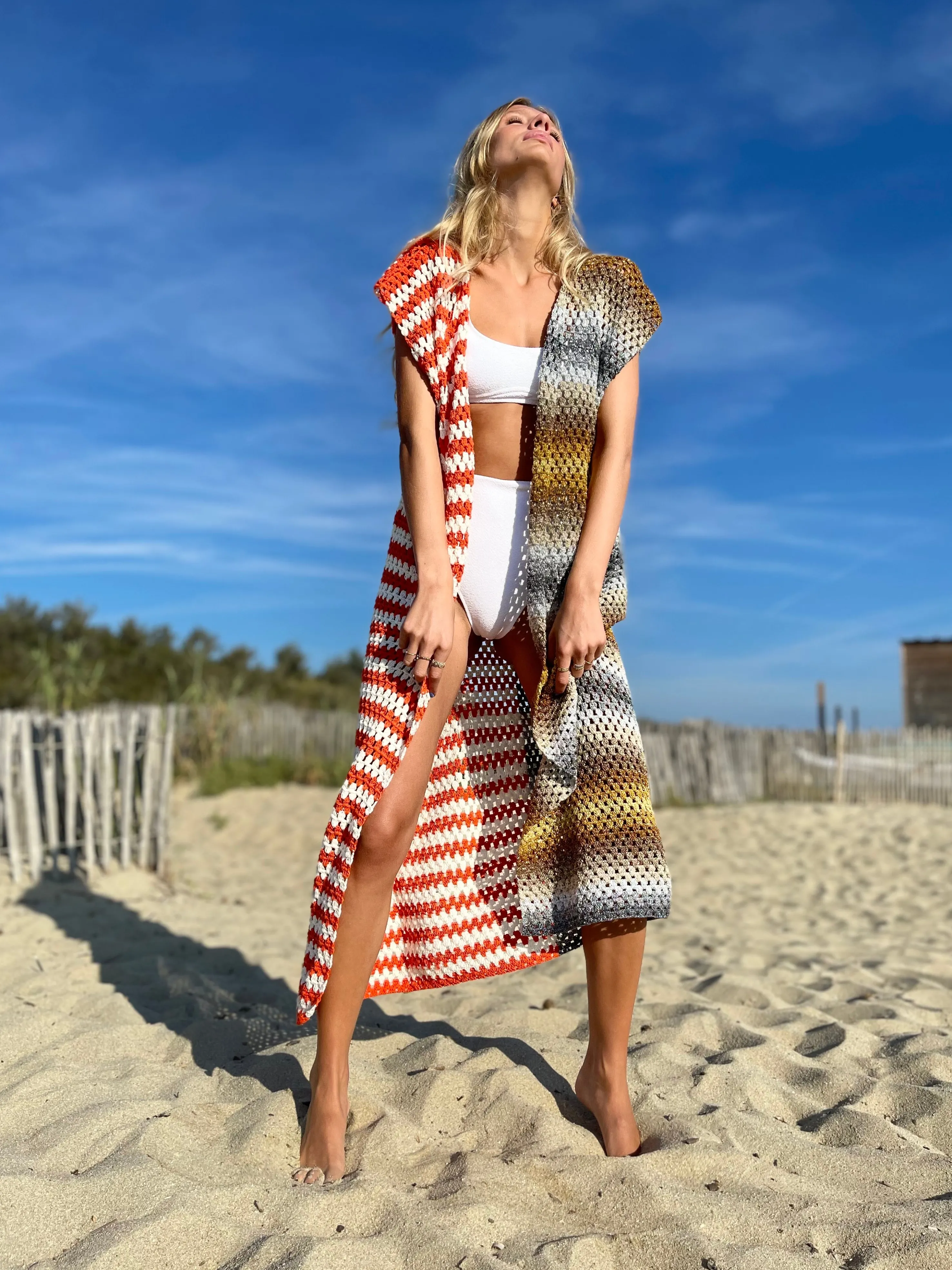 Rose Carmine Coats-ORANGE / ECRU JOKER COAT NO SLEEVES