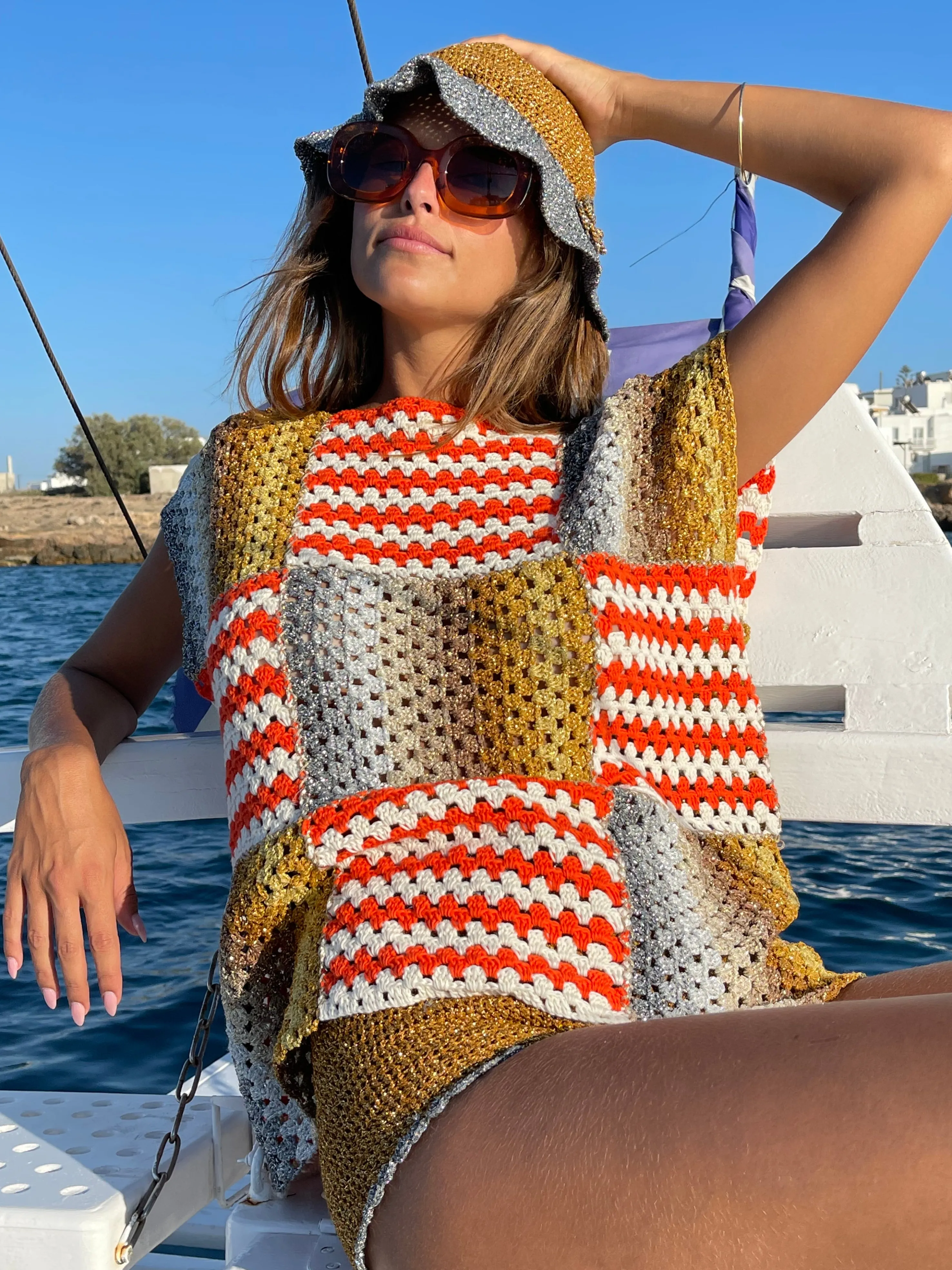 Rose Carmine Tops-ORANGE / ECRU RUBAN TOP