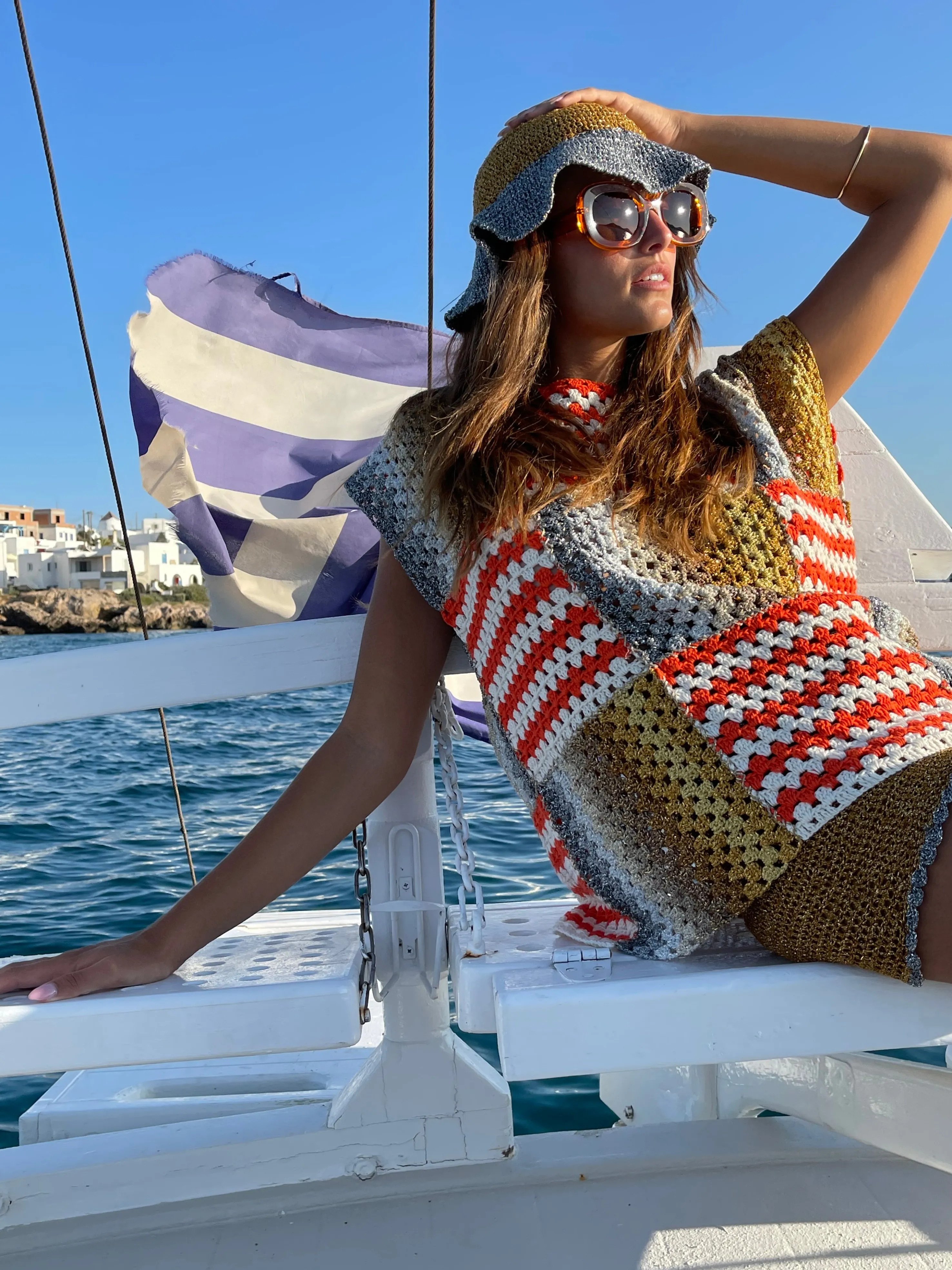 Rose Carmine Tops-ORANGE / ECRU RUBAN TOP