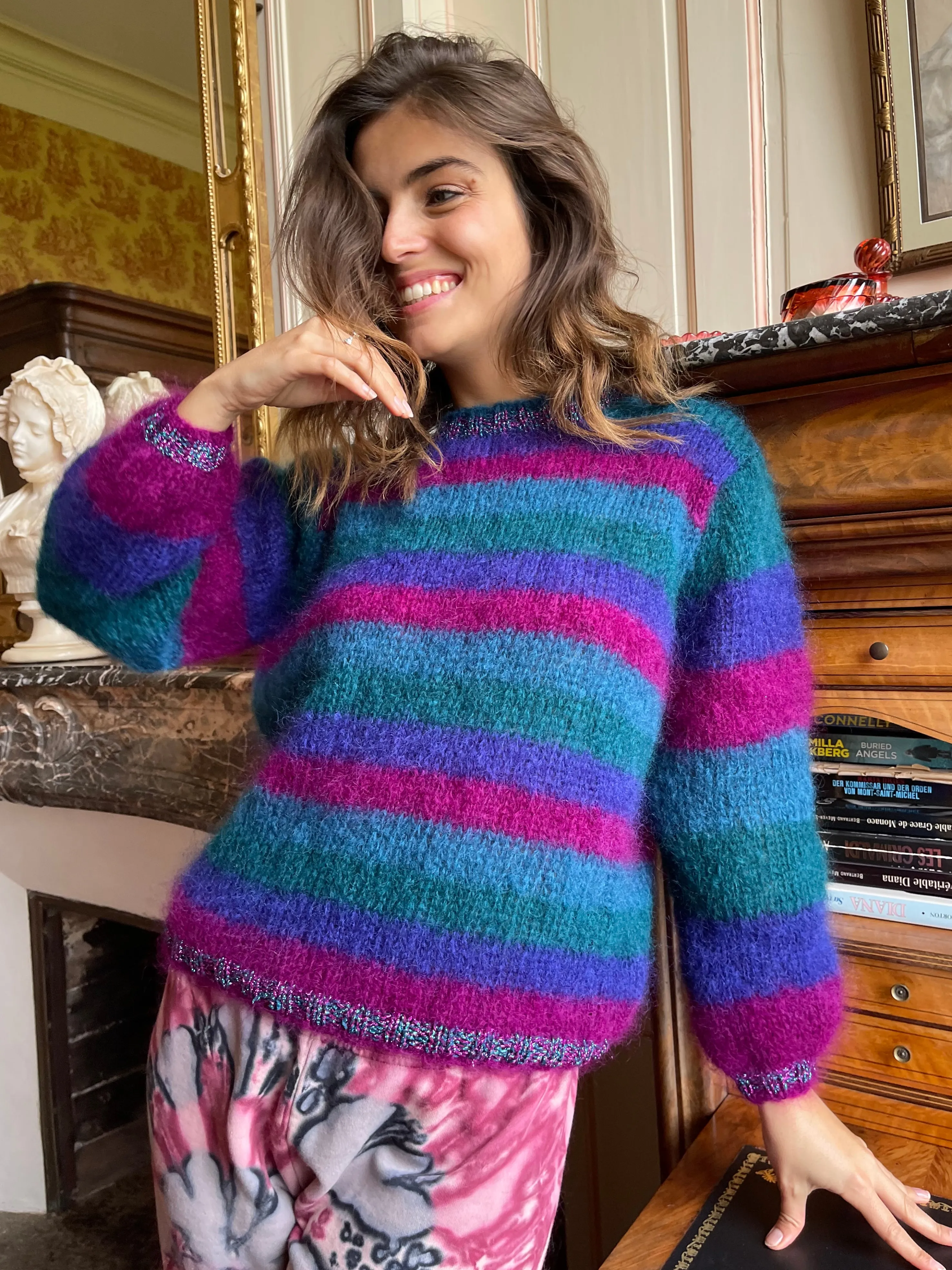 Rose Carmine Sweaters-PRUNE STRIPES SWEATER ROUND NECK