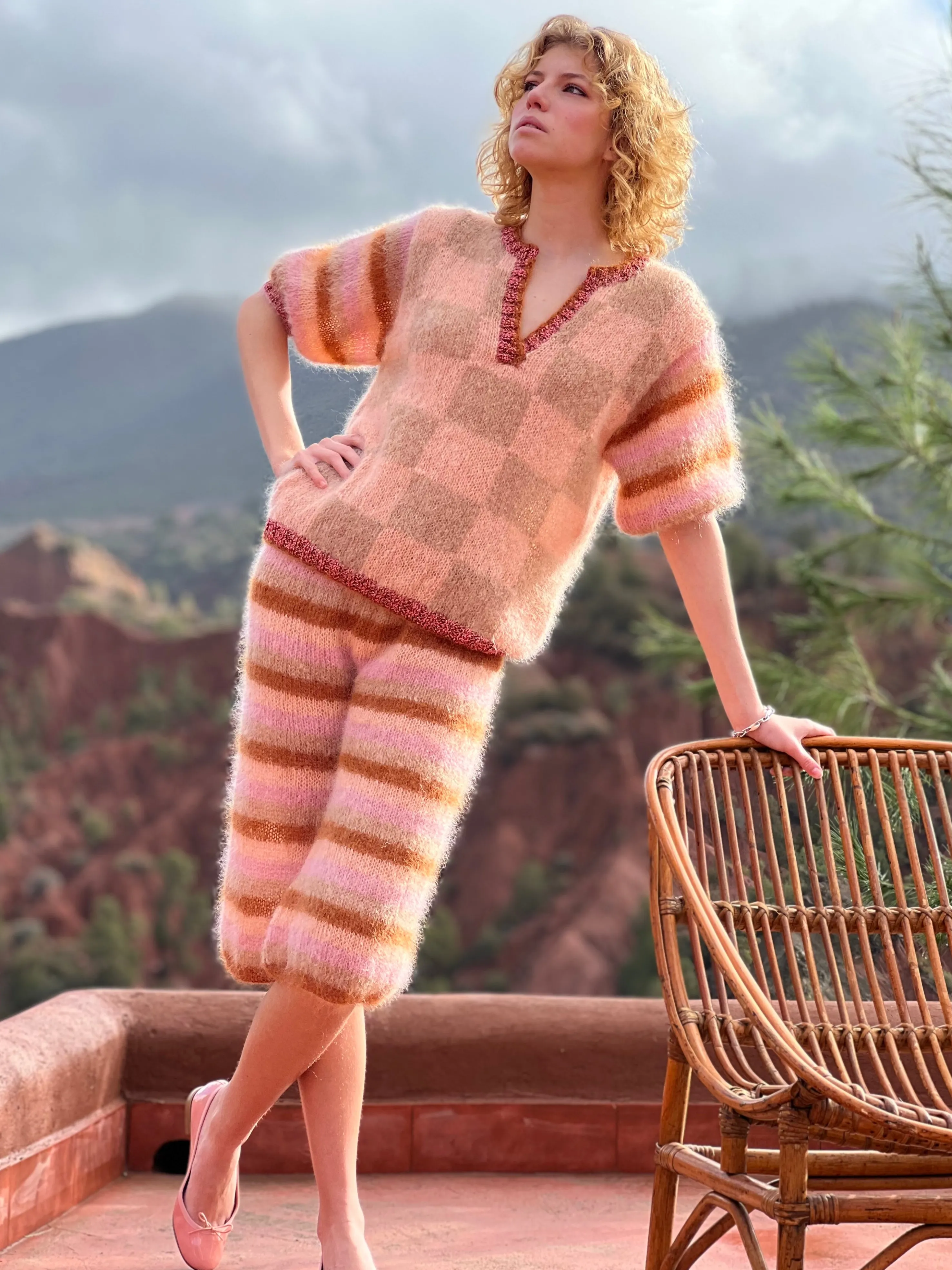 Rose Carmine Bottoms-BERMUDA STRIPES DUNE