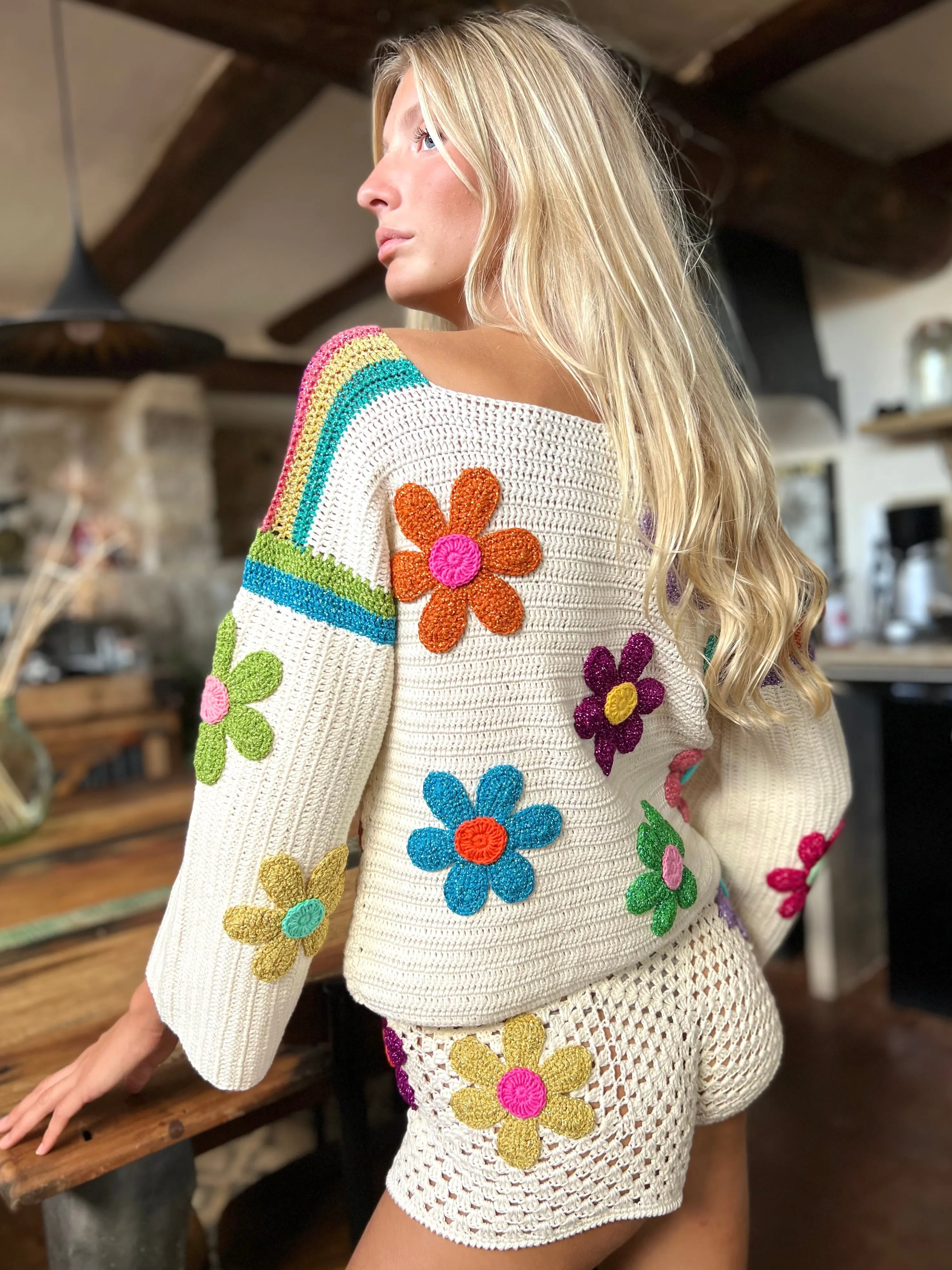 Rose Carmine Iconics|Sweaters-SWEATER FREE FLOWERS ECRU (Spring / Summer)