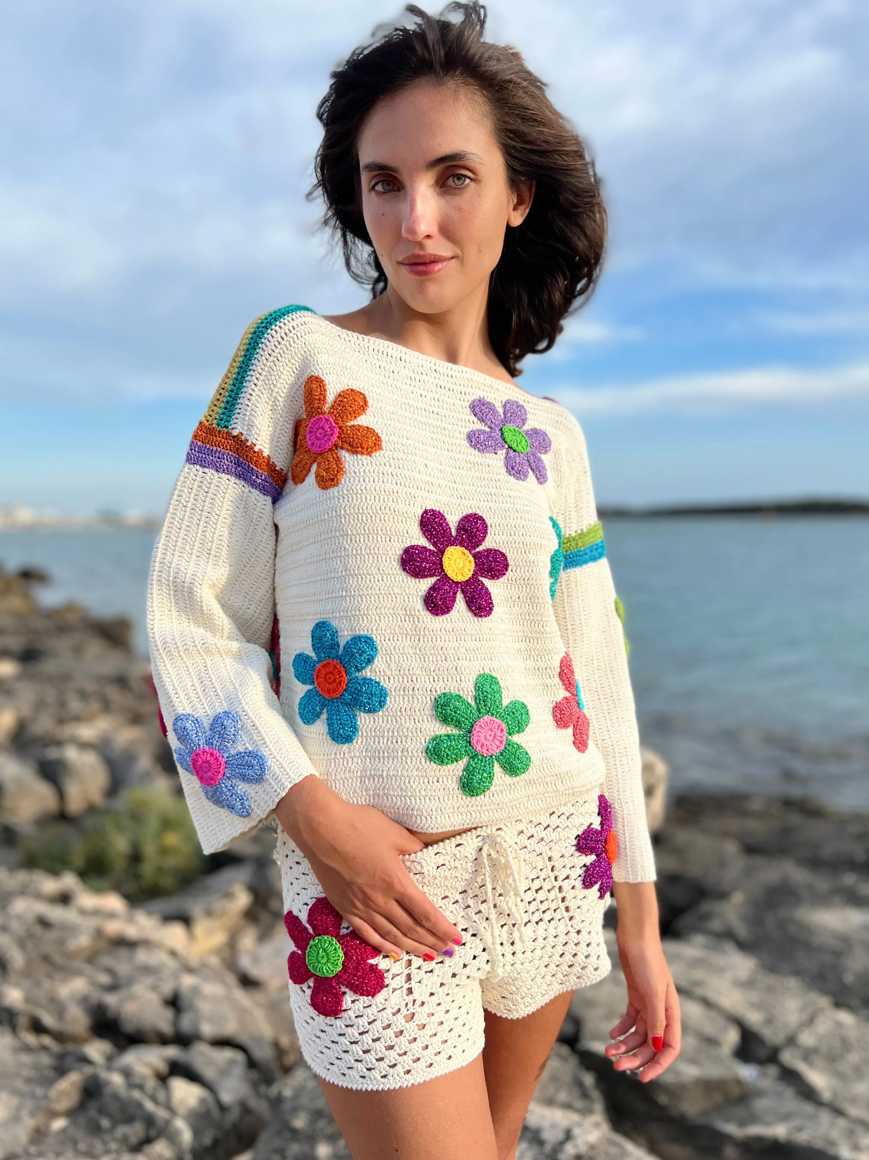 Rose Carmine Iconics|Sweaters-SWEATER FREE FLOWERS ECRU (Spring / Summer)