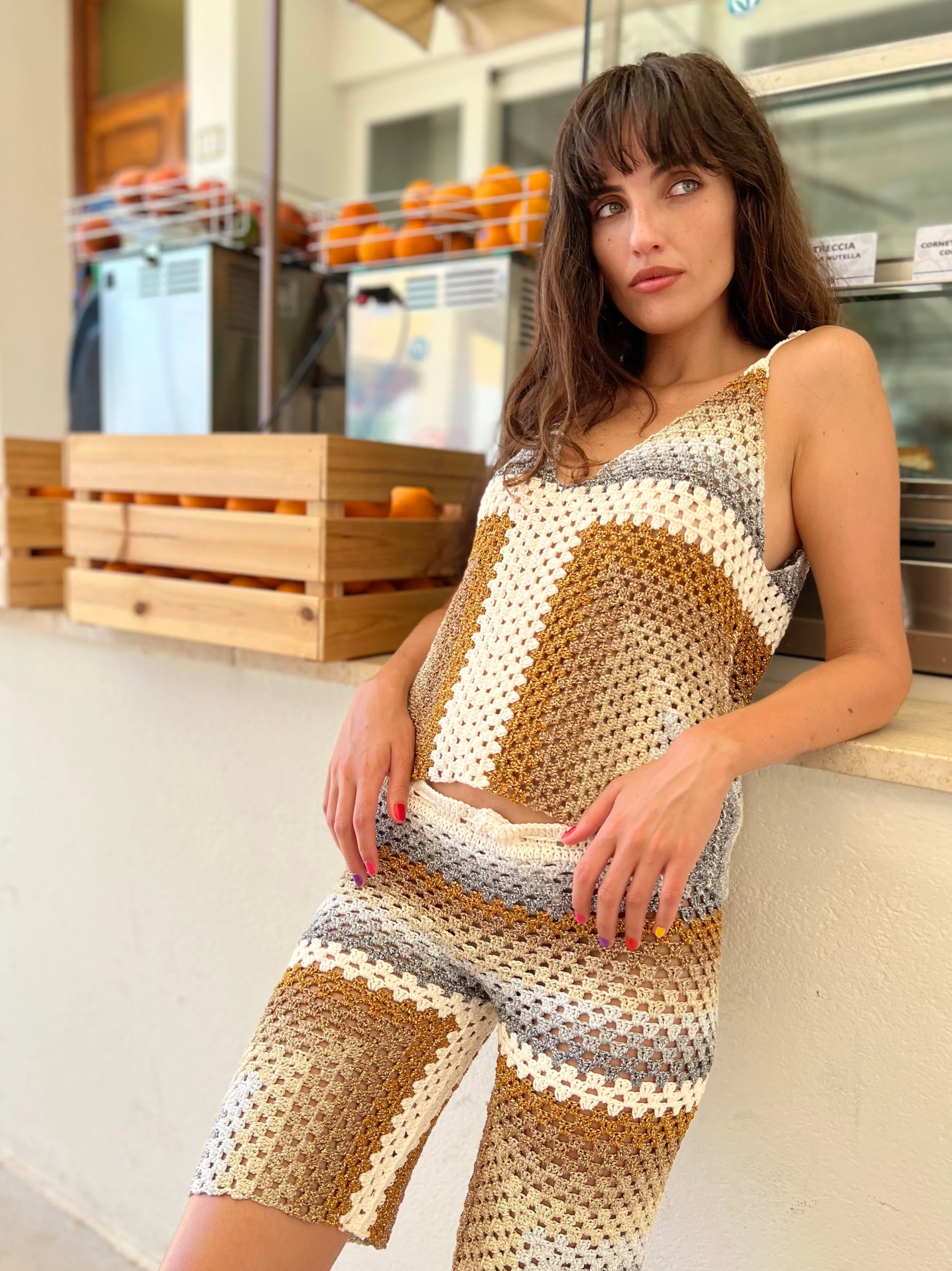 Rose Carmine Tops-GOLD & SILVER RAINBOW TOP THIN STRAPS