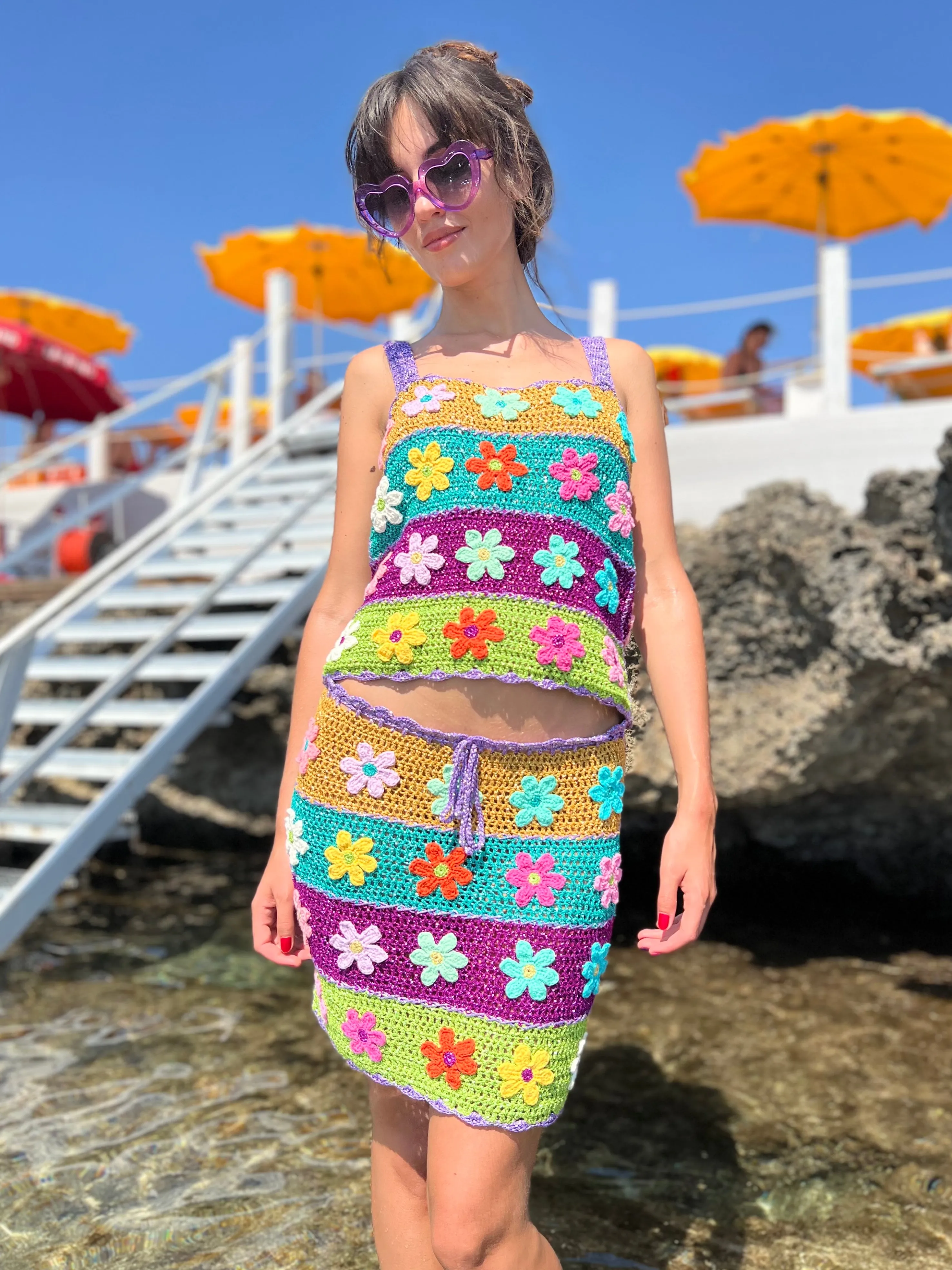 Rose Carmine Bottoms-STRIPES FLOWERS MINI SKIRT