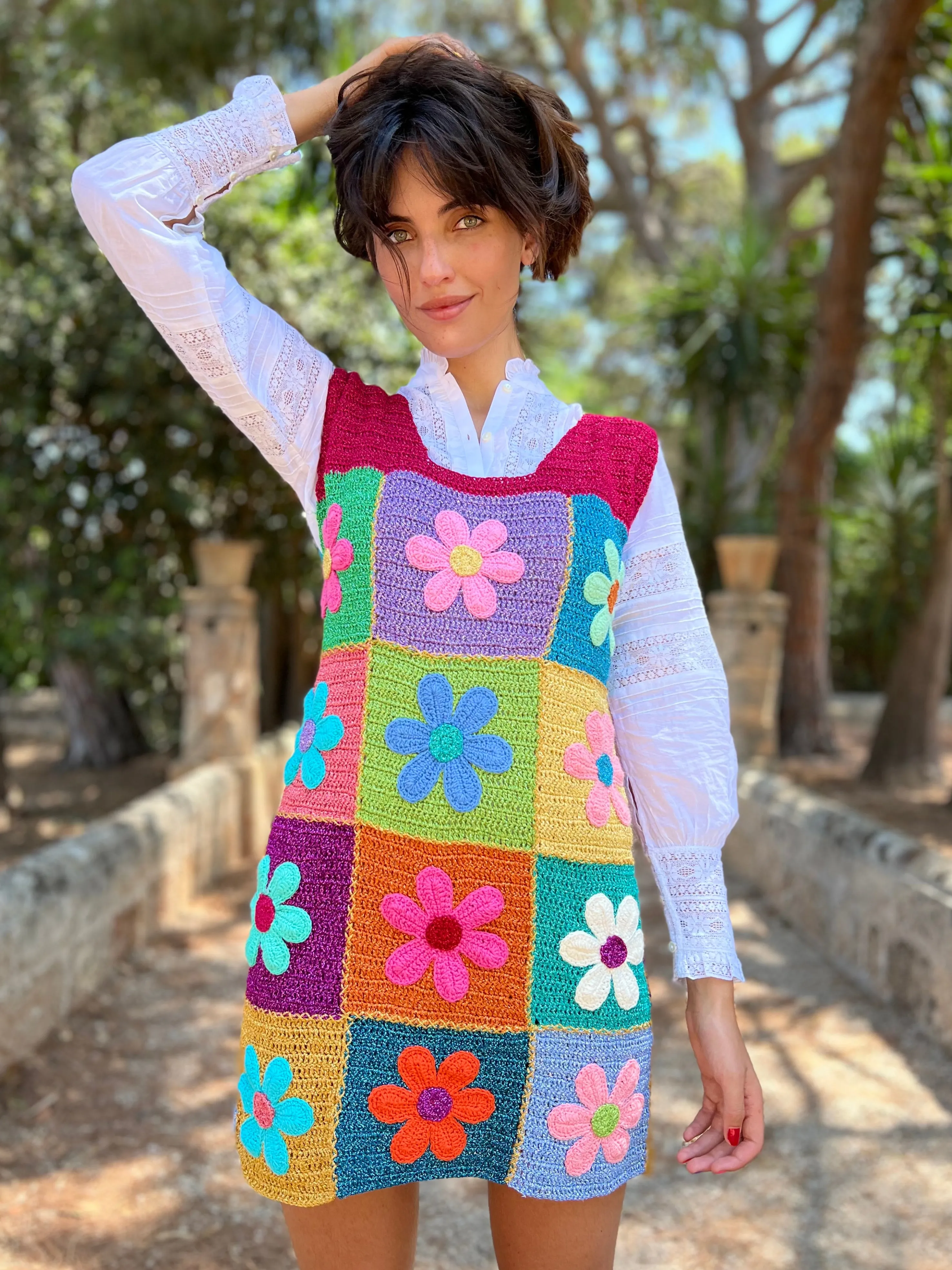 Rose Carmine Dresses-FLOWERS PATCHWORK DRESS NO SLEEVES