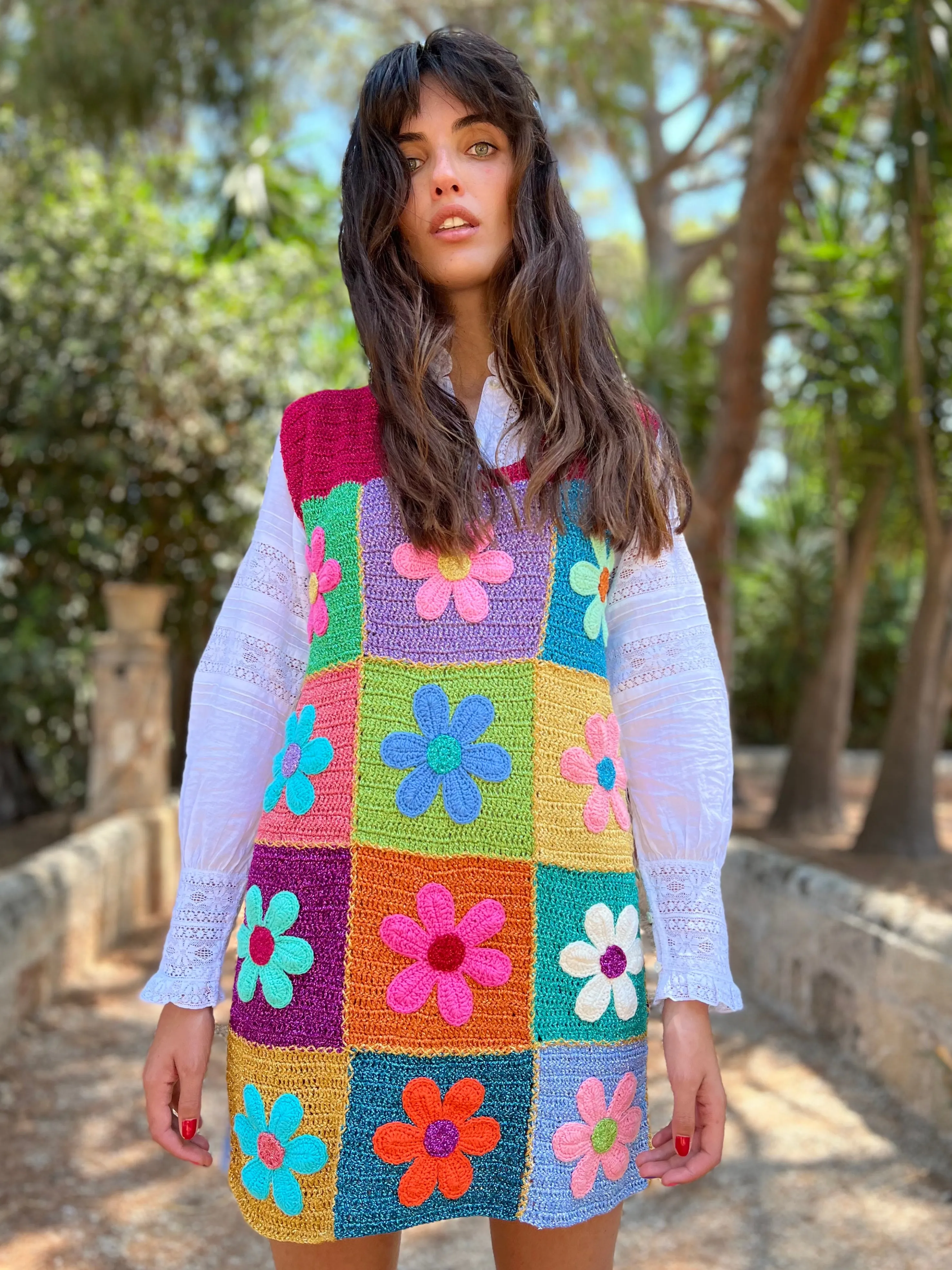 Rose Carmine Dresses-FLOWERS PATCHWORK DRESS NO SLEEVES