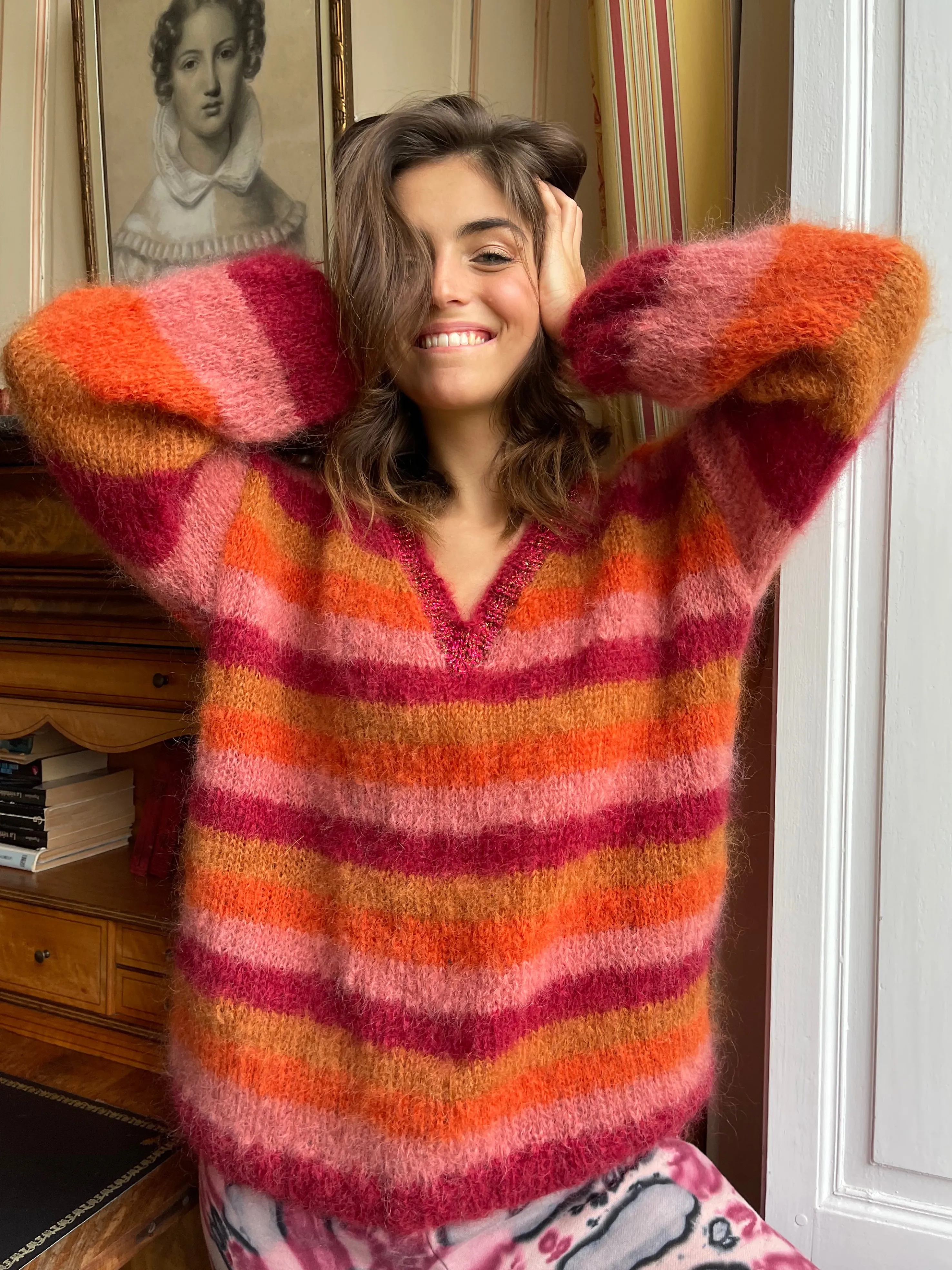 Rose Carmine Sweaters-BORDEAUX STRIPES SWEATER V-NECK