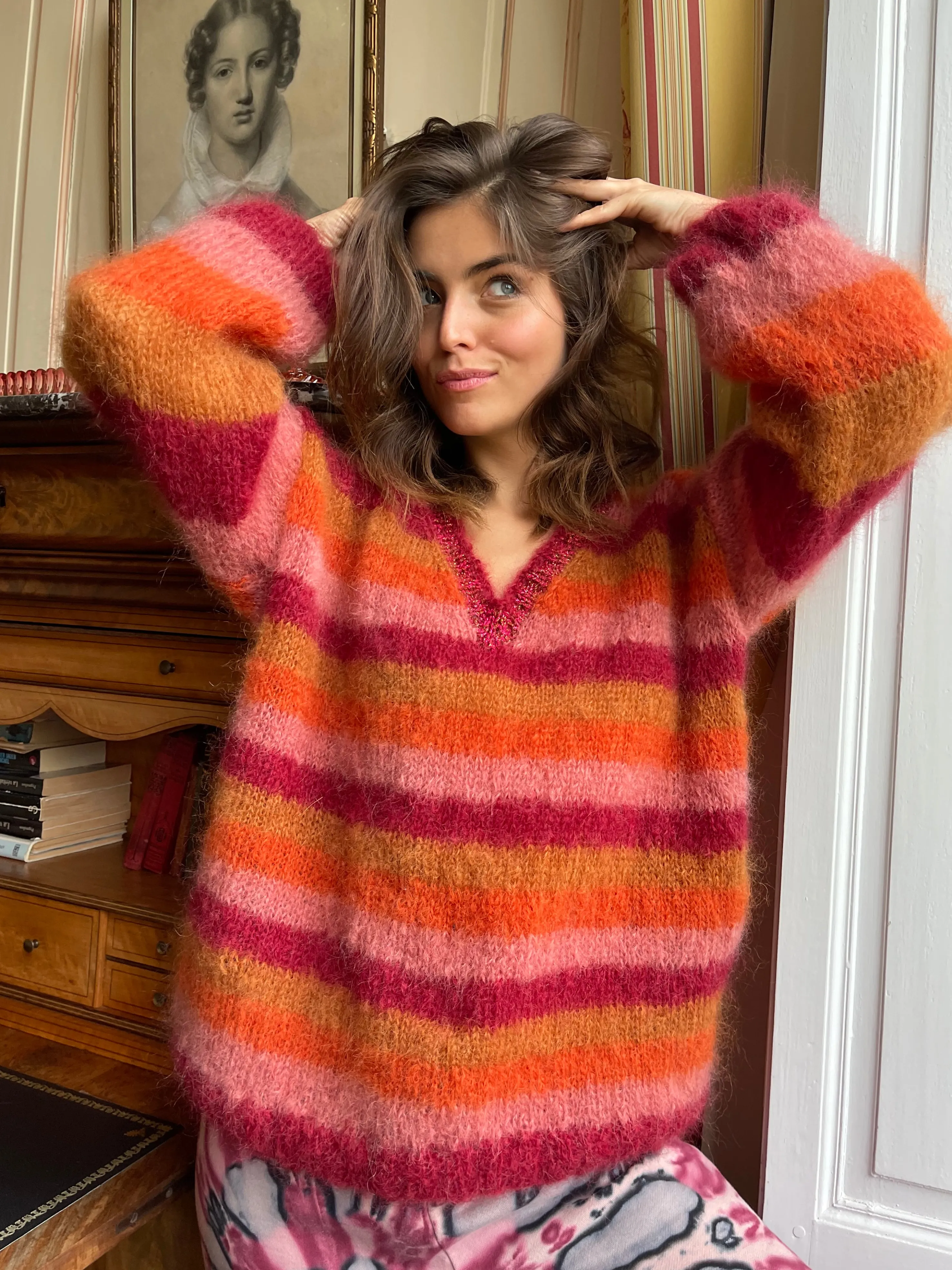 Rose Carmine Sweaters-BORDEAUX STRIPES SWEATER V-NECK