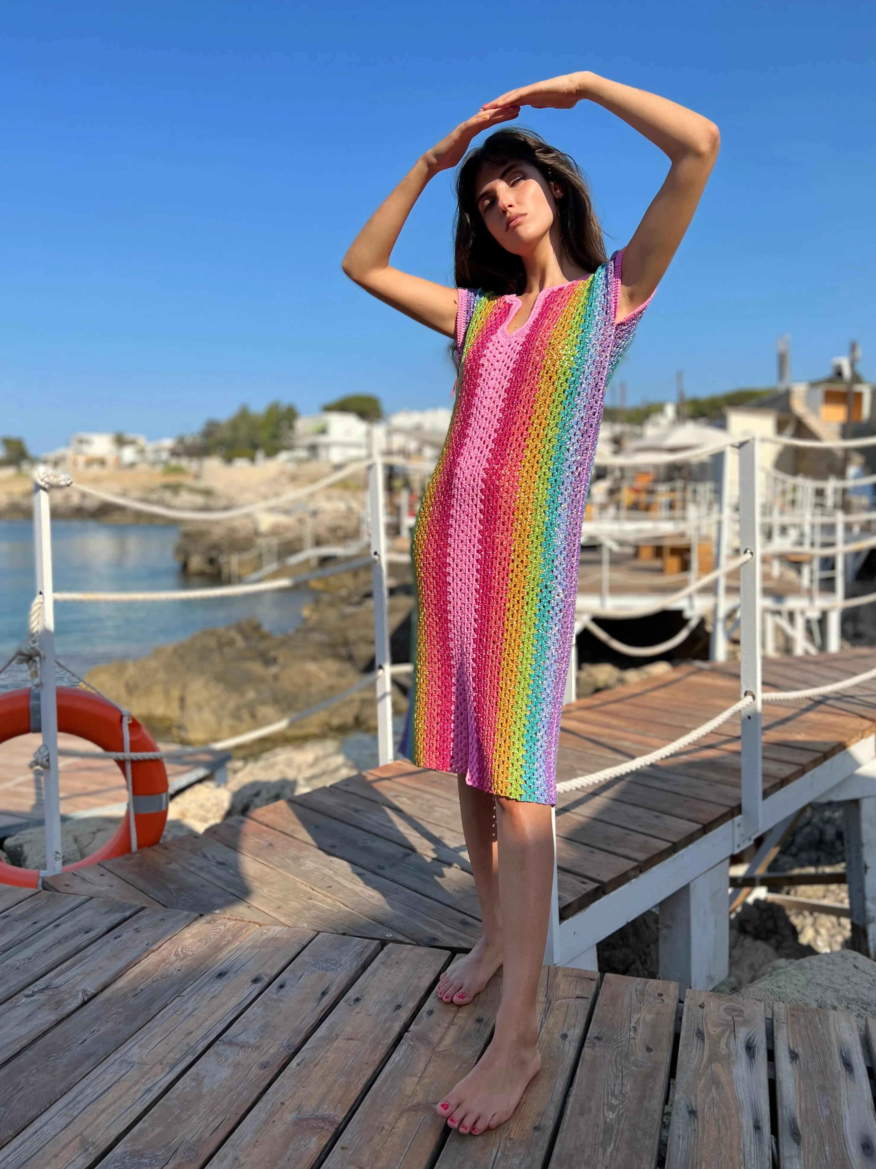 Rose Carmine Dresses-PINK RAINBOW DJELABA DRESS
