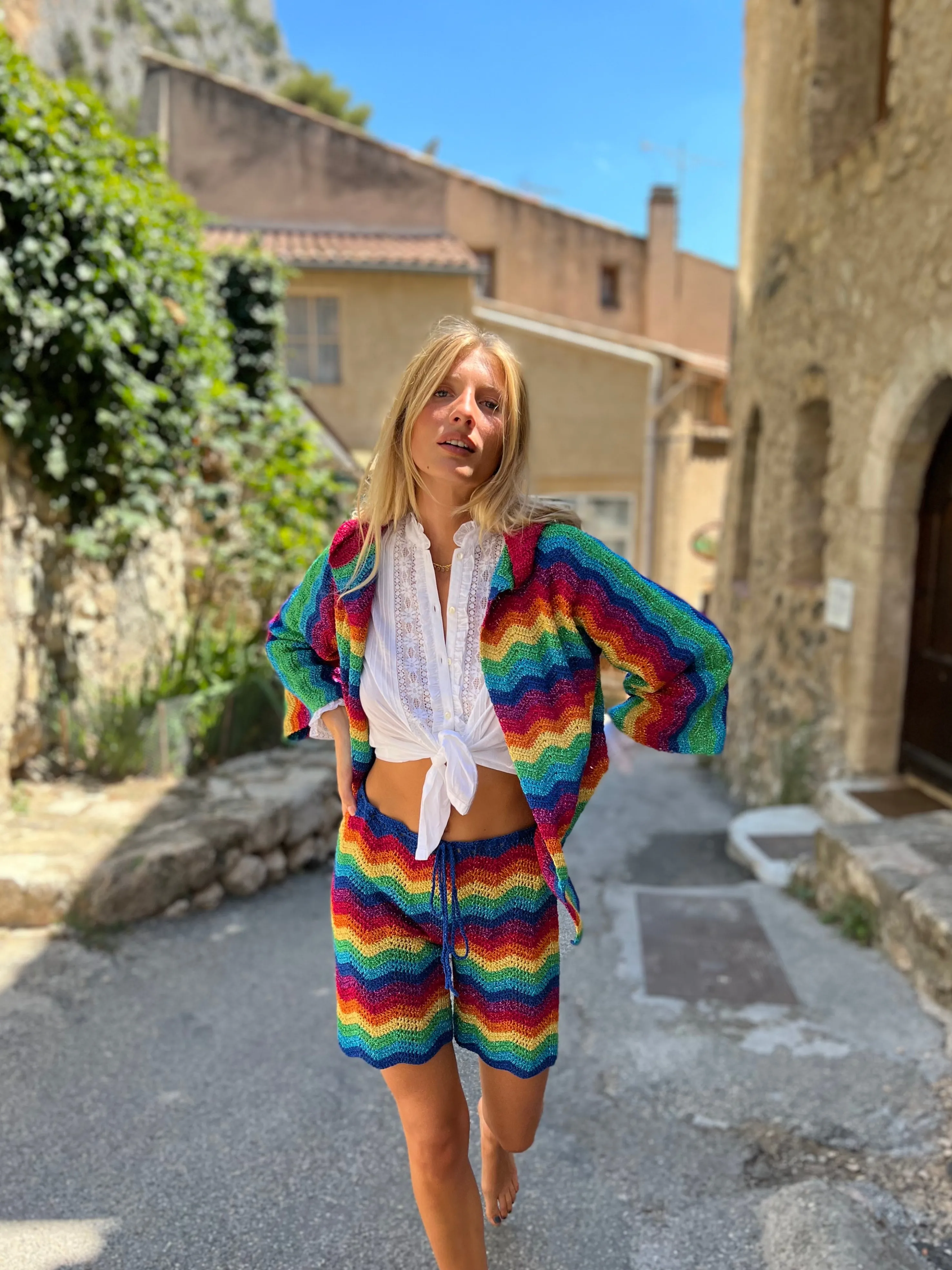 Rose Carmine Jackets-MULTICOLOR WAVE LUREX HOODIE LITTLE JACKET