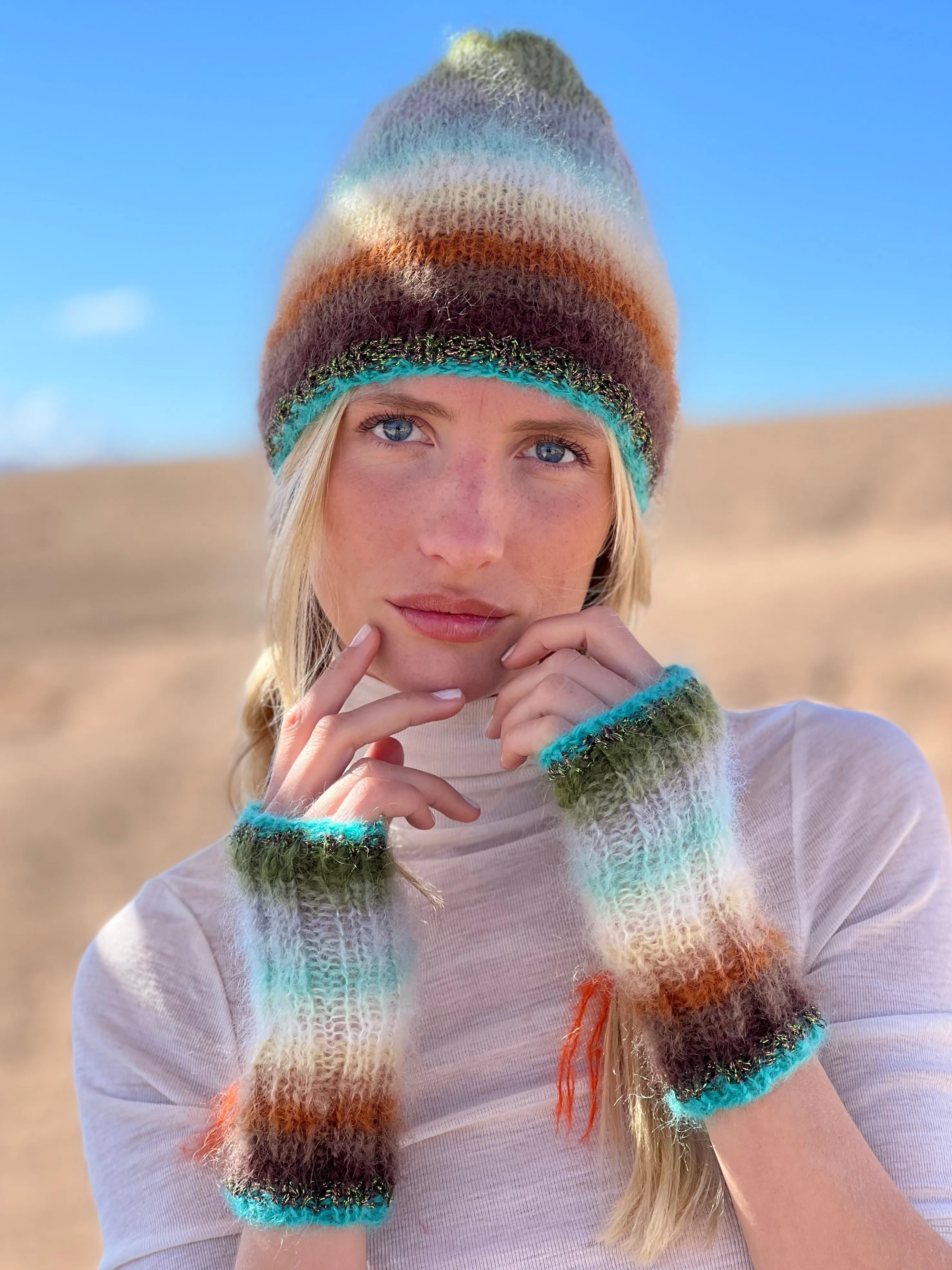 Rose Carmine Iconics|Accessories-HAT & MITTENS STRIPES 12 COLORS CHOCO/KAKI