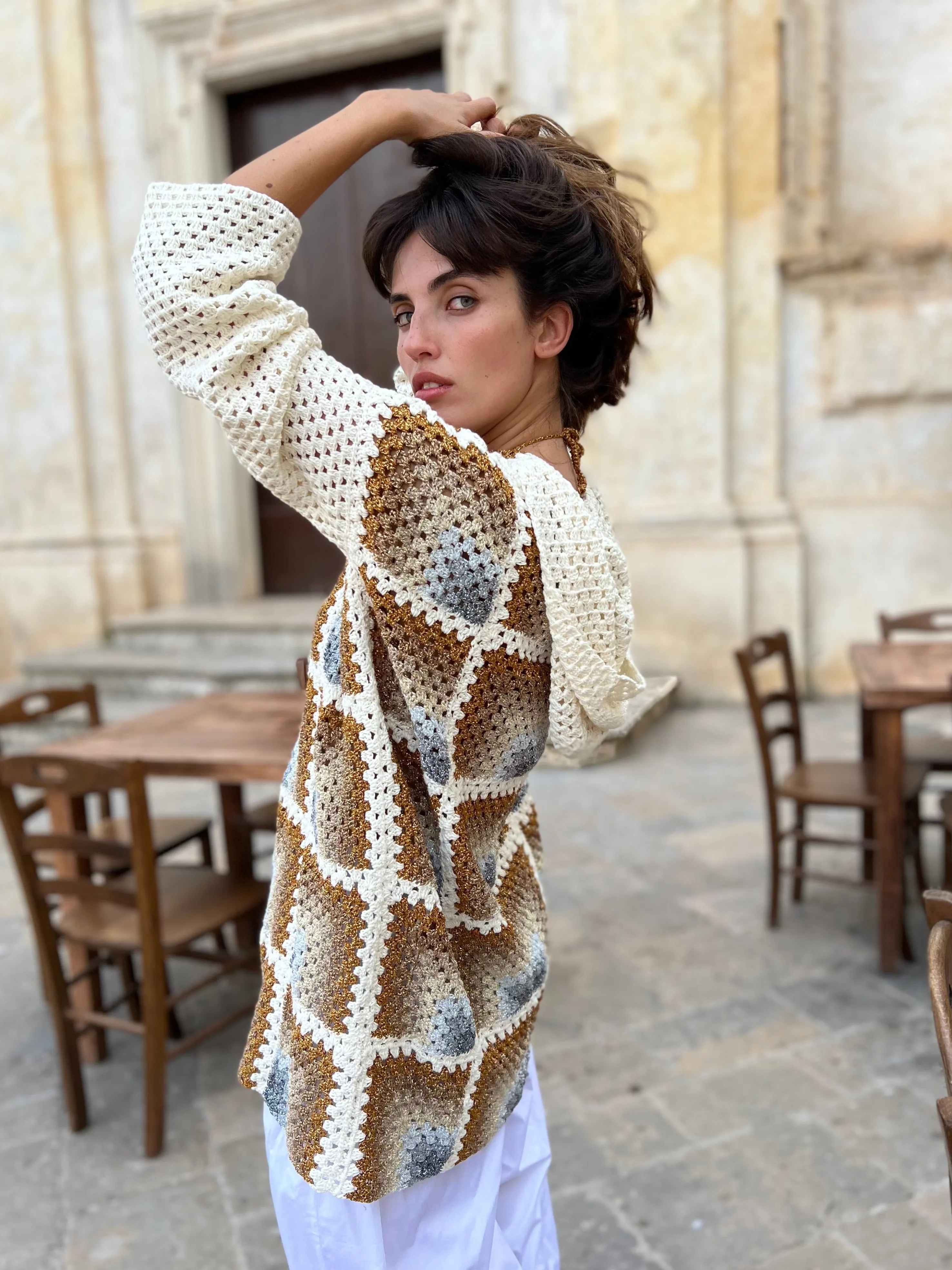 Rose Carmine Jackets-GOLD & SILVER  RAINBOW HOODIE LONG JACKET