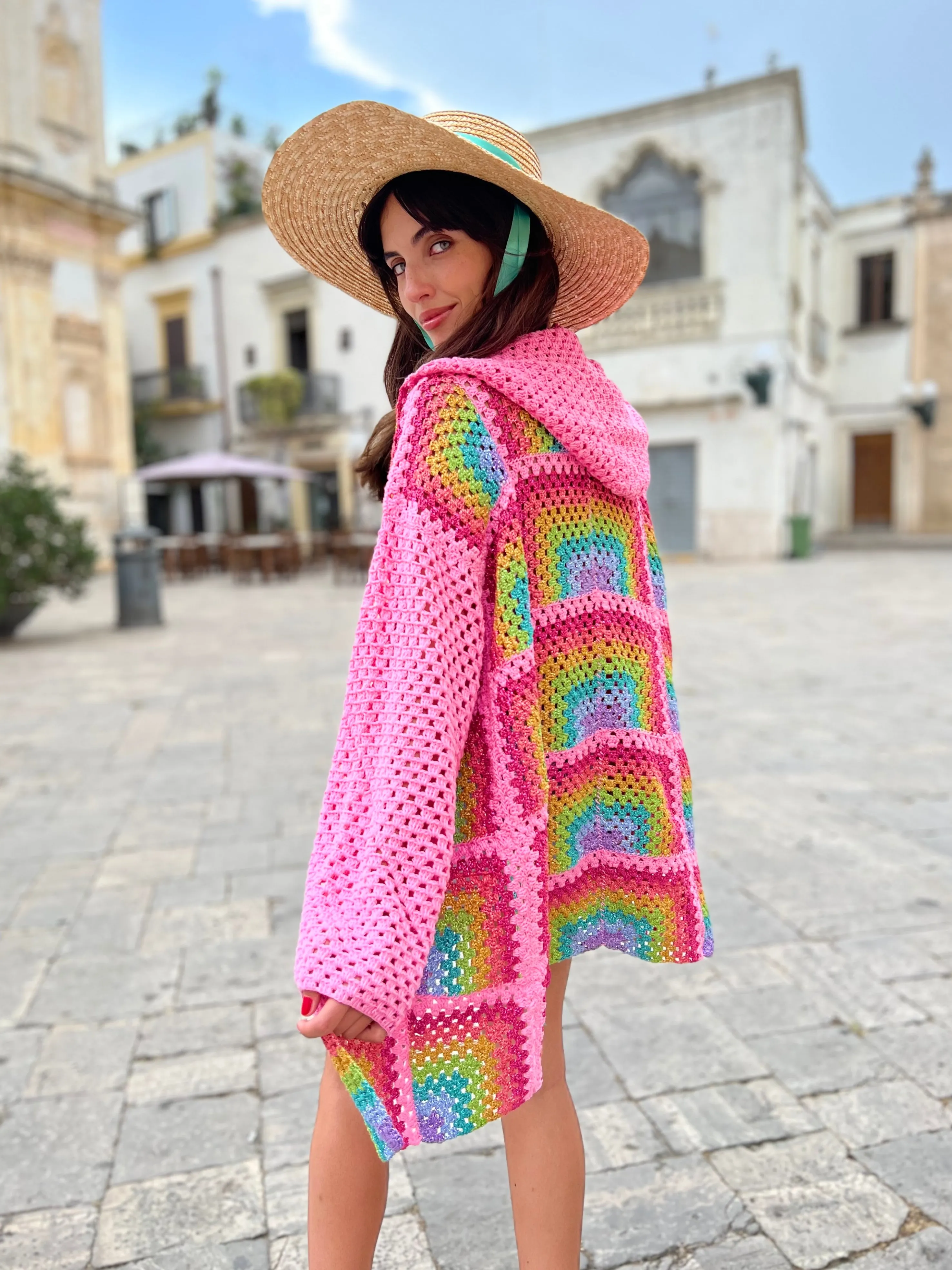 Rose Carmine Jackets-PINK RAINBOW HOODIE LONG JACKET