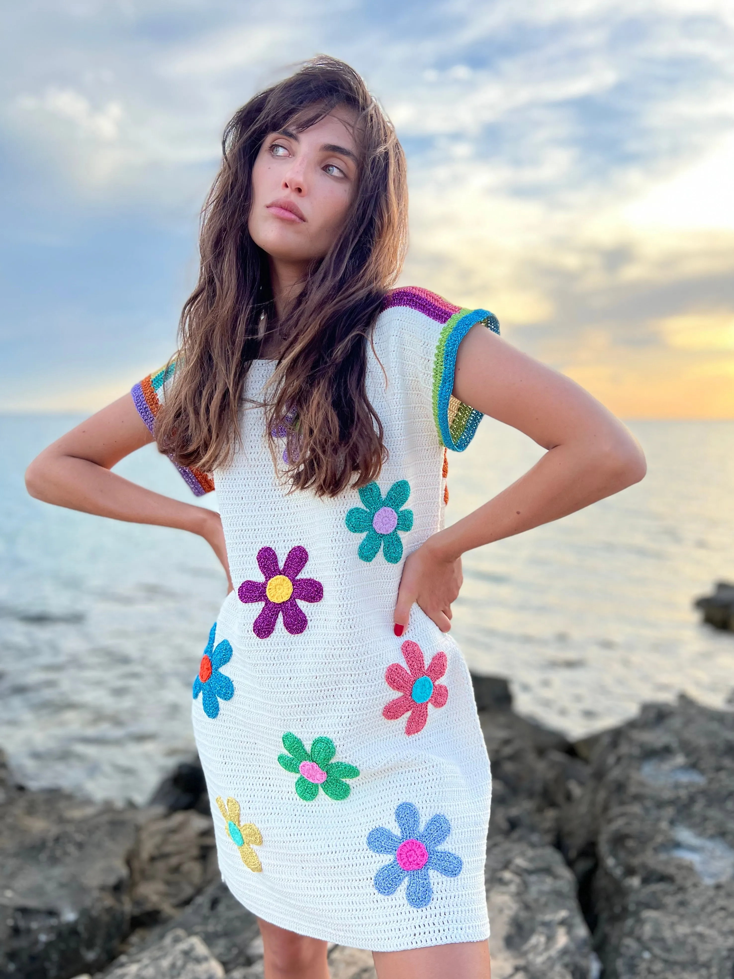 Rose Carmine Iconics|Dresses-DRESS NO SLEEVES FREE FLOWERS ECRU