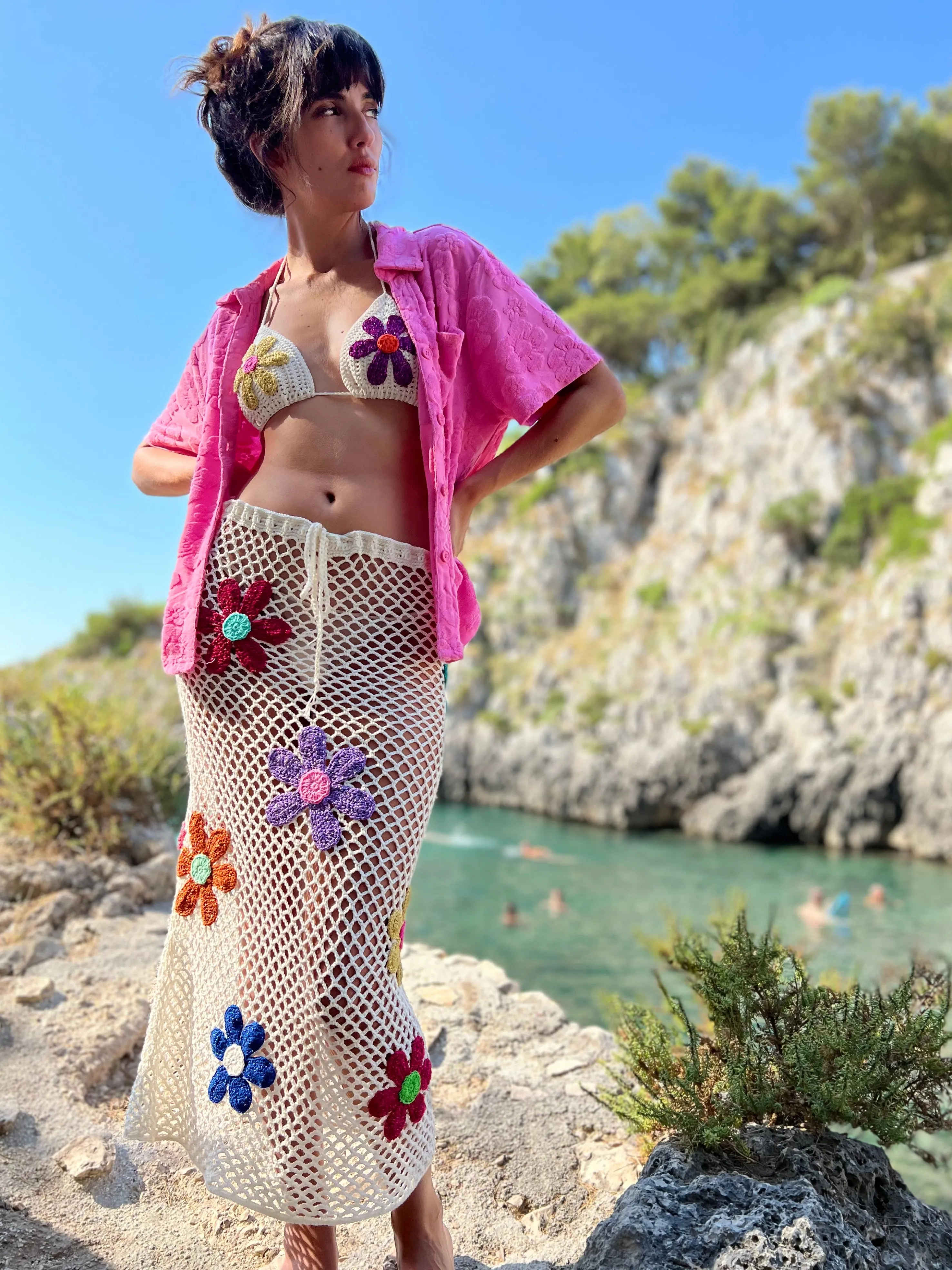 Rose Carmine Bottoms-LONG SKIRT FREE FLOWERS ECRU