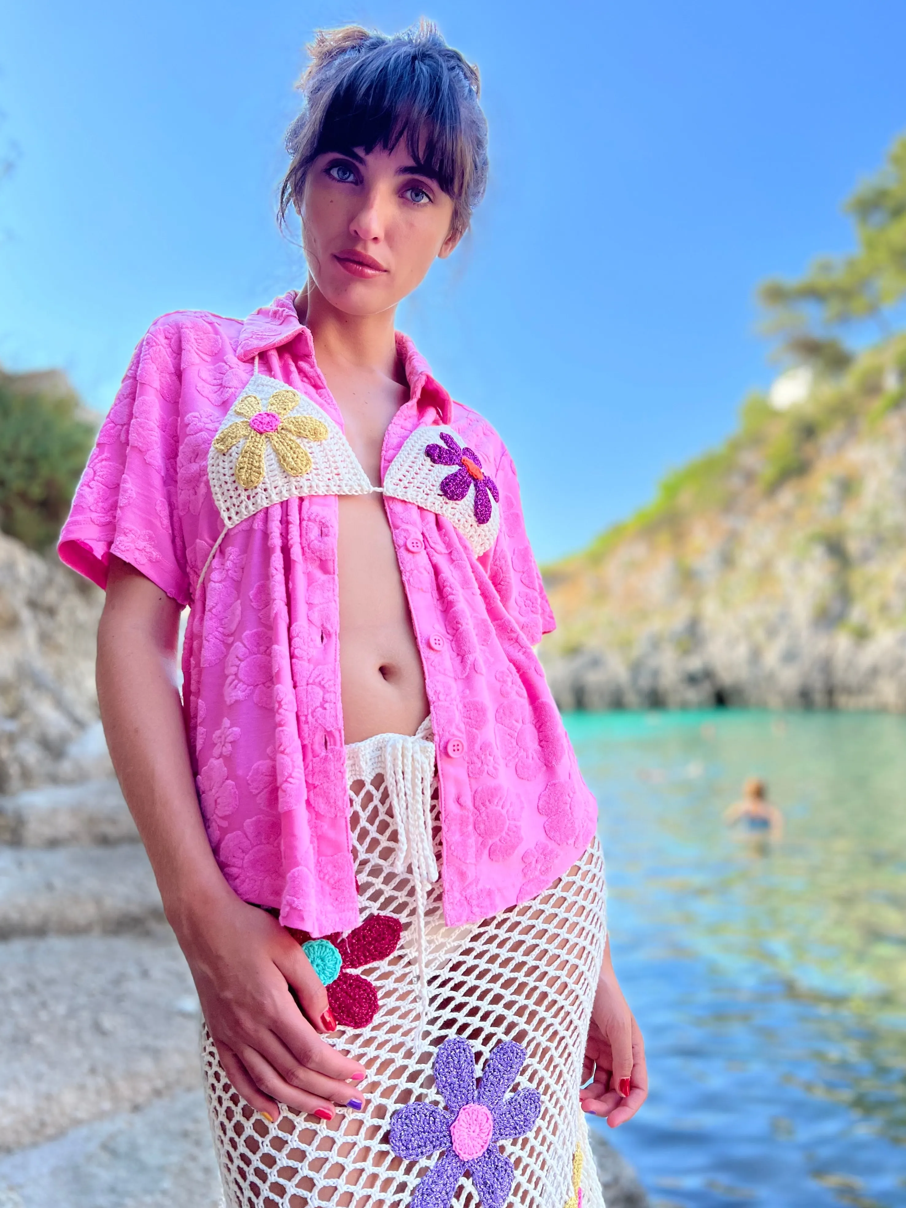 Rose Carmine Bottoms-LONG SKIRT FREE FLOWERS ECRU