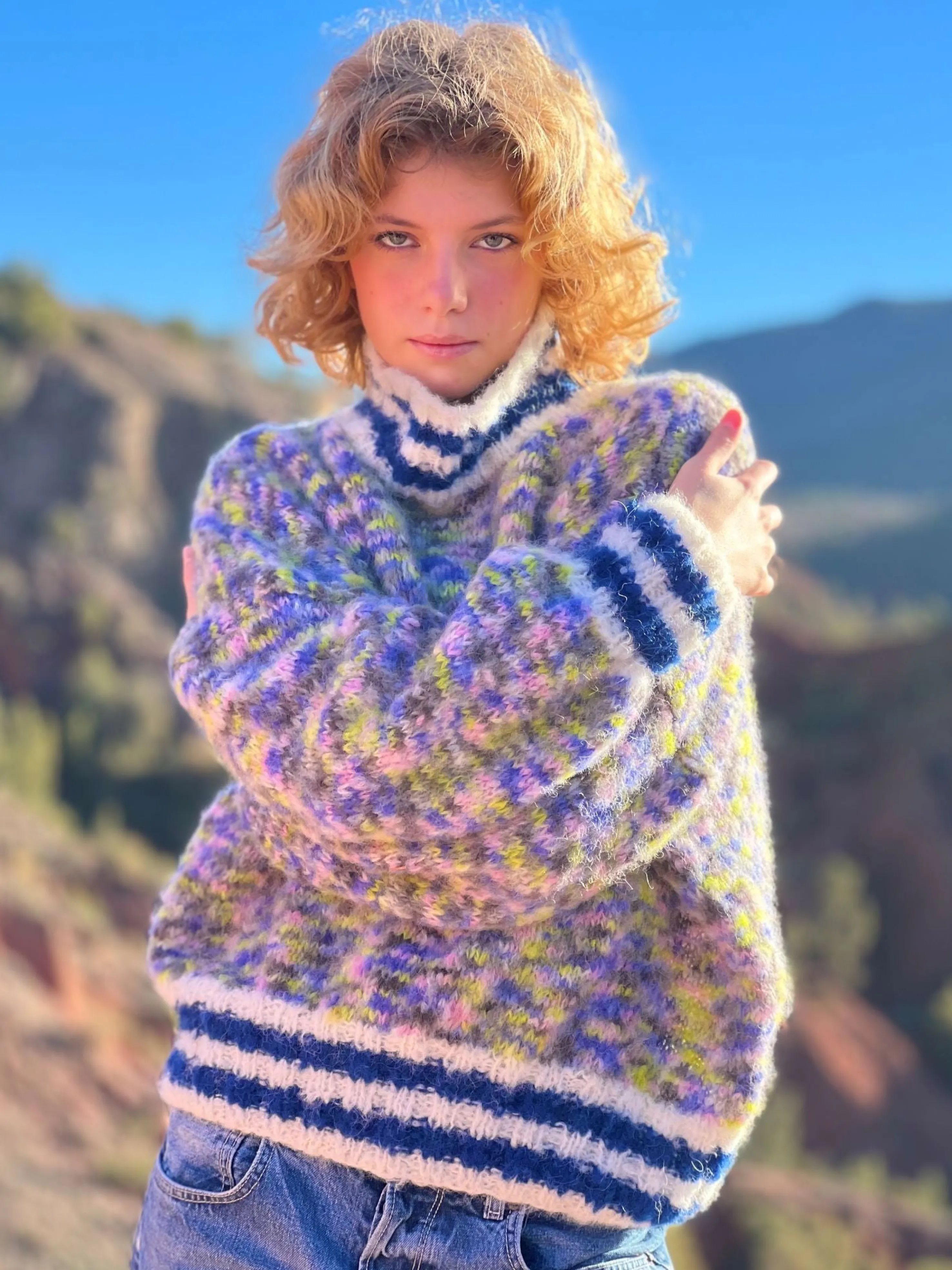 Rose Carmine Sweaters-SWEATER HIGHNECK OVERSIZE DOUDOU MULTI