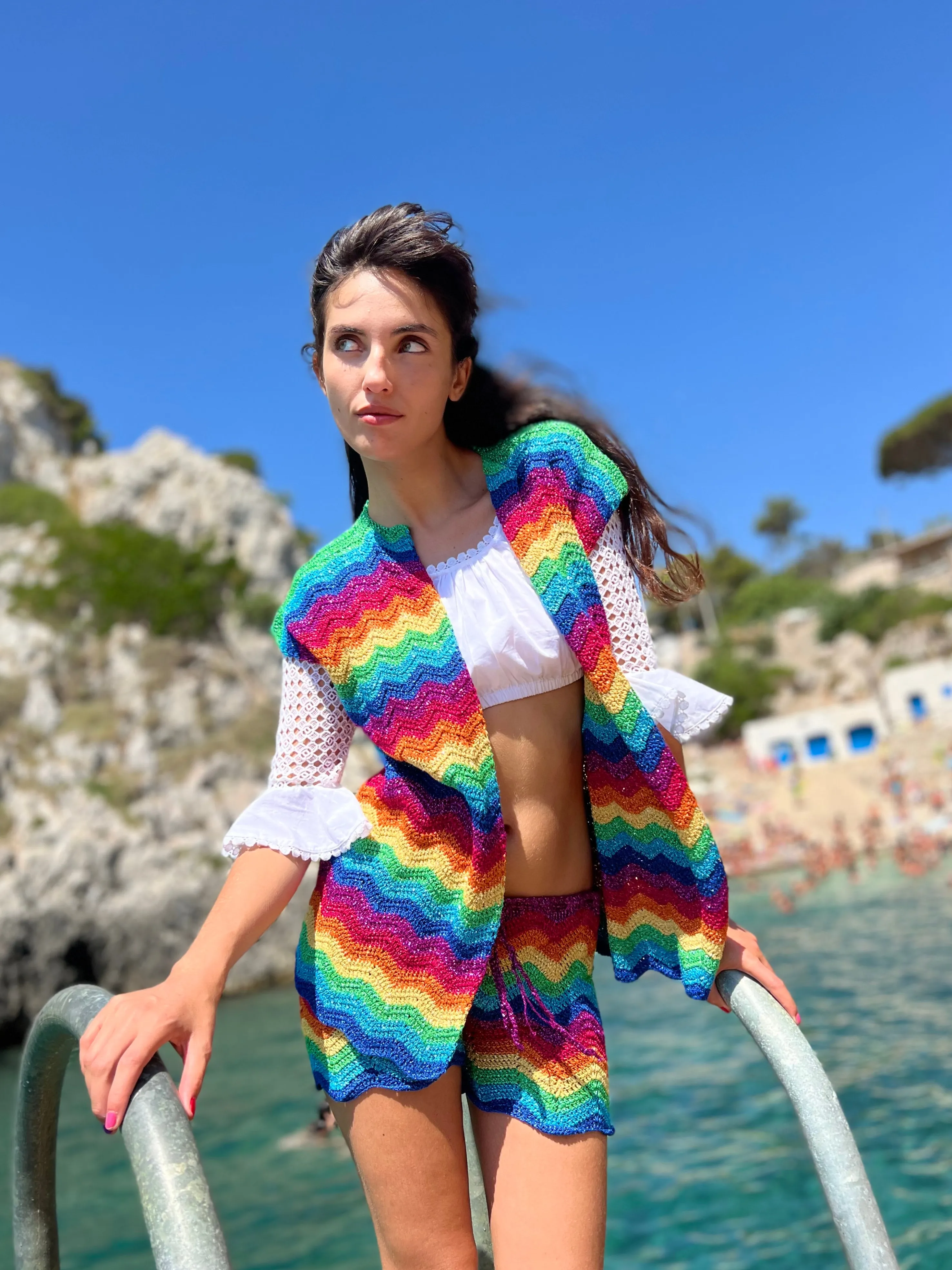 Rose Carmine Jackets-MULTICOLOR WAVE LUREX LITTLE JACKET NO SLEEVES