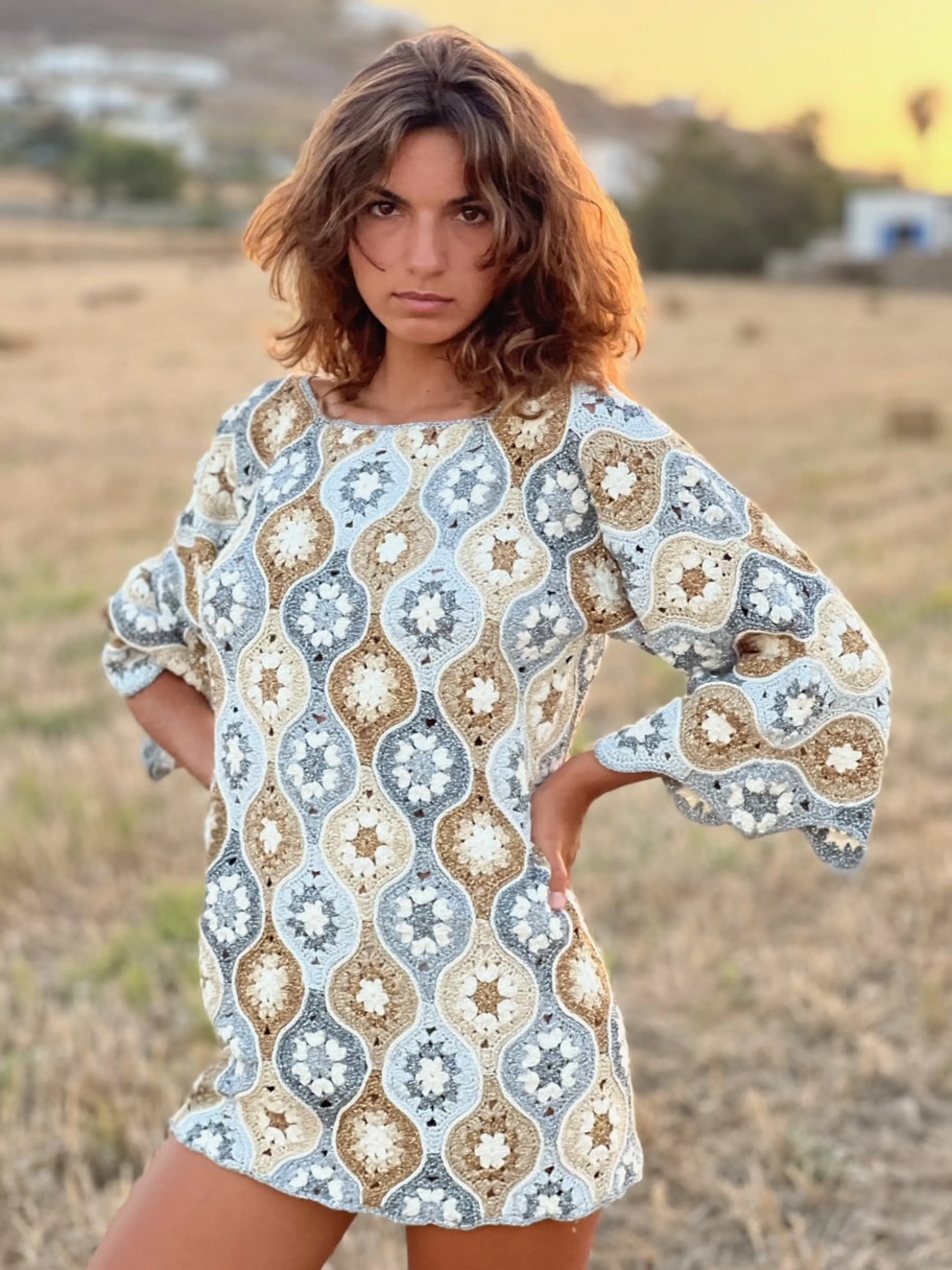 Rose Carmine Dresses-DRESS SLEEVES 3/4 LUXURY GOLD & SILVER