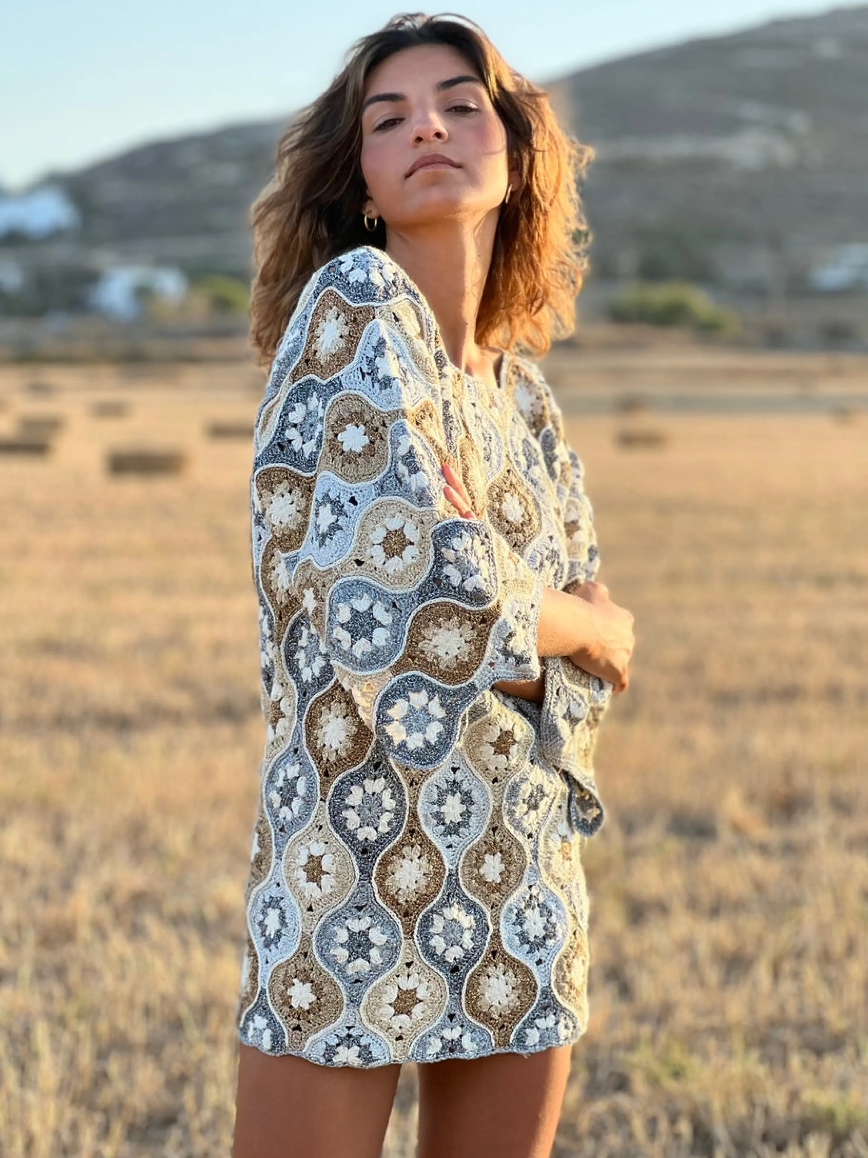 Rose Carmine Dresses-DRESS SLEEVES 3/4 LUXURY GOLD & SILVER