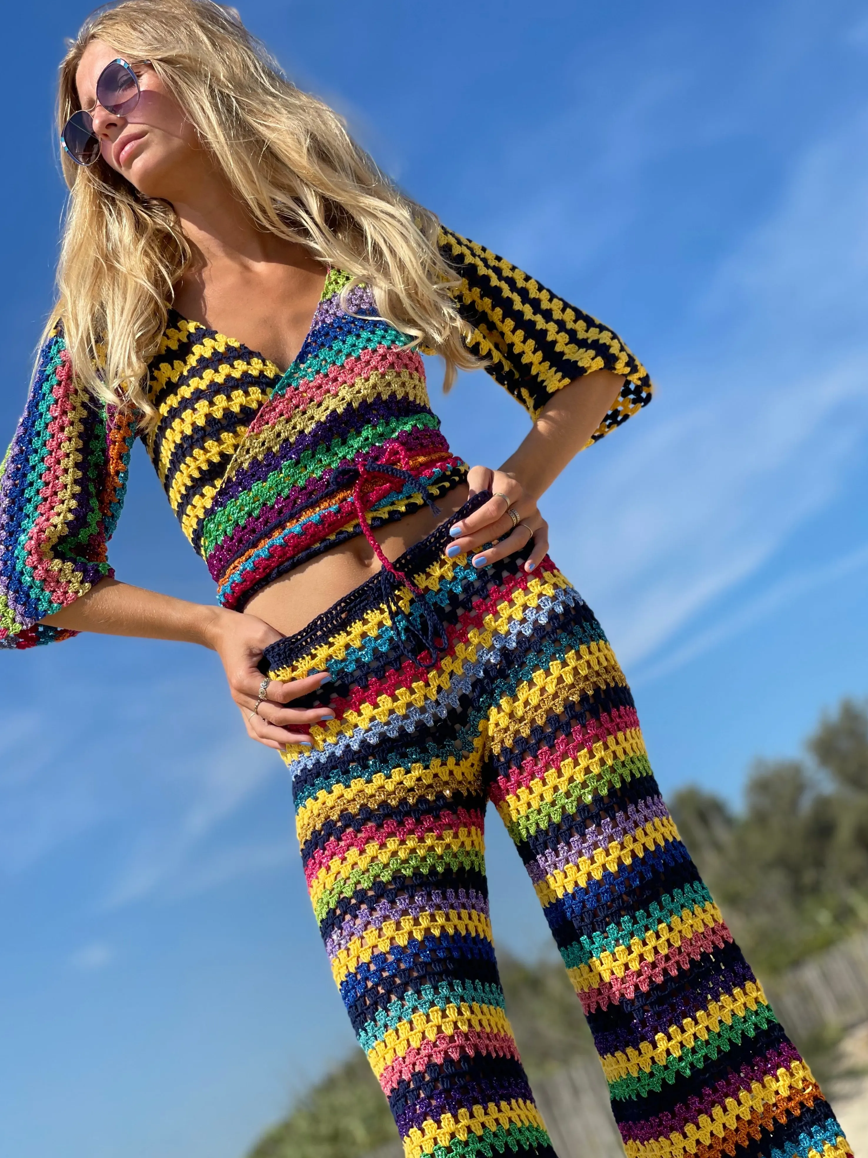 Rose Carmine Bottoms-NAVY / YELLOW STRIPES PANTS