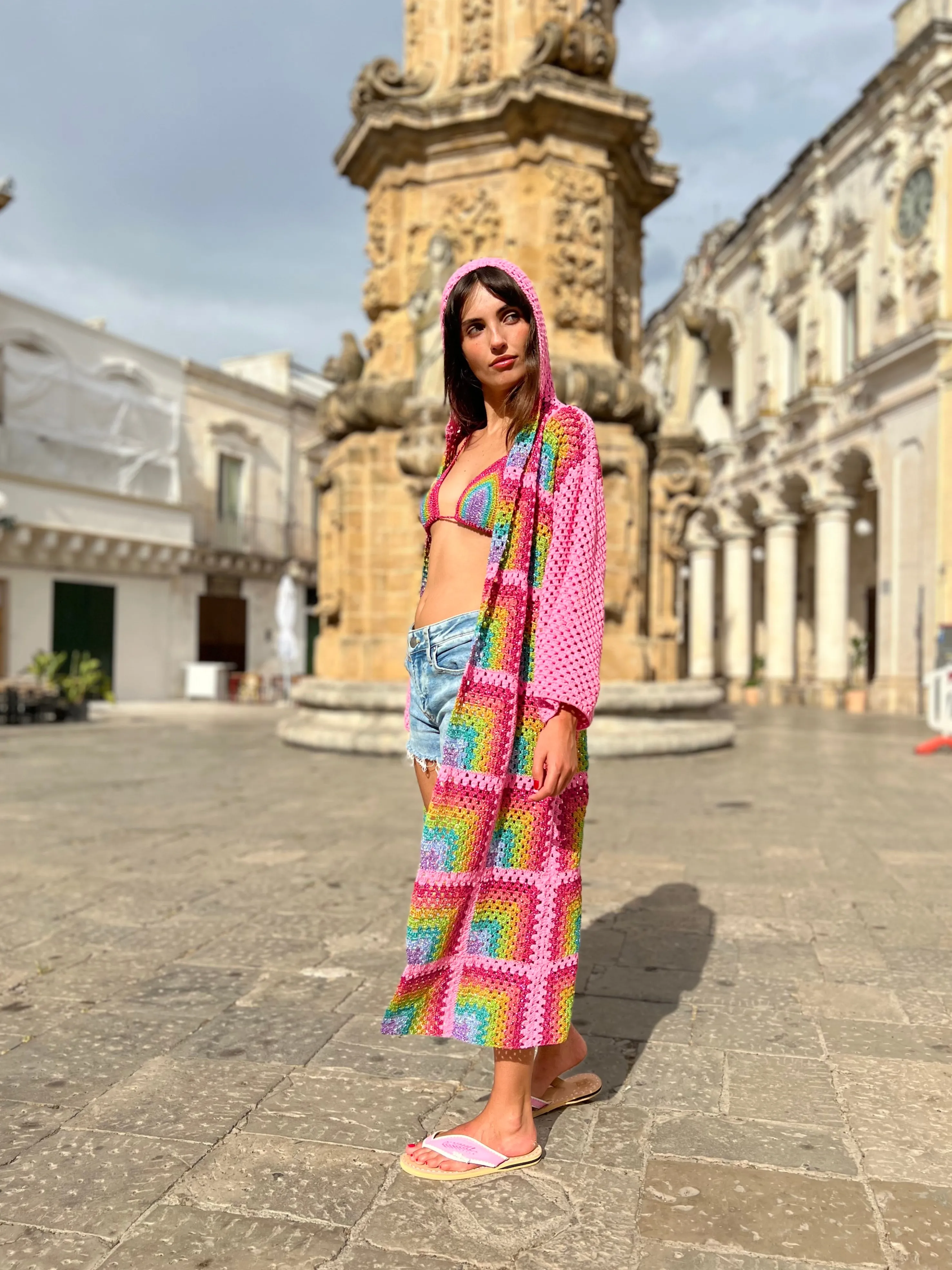 Rose Carmine Coats-PINK RAINBOW HOODIE COAT