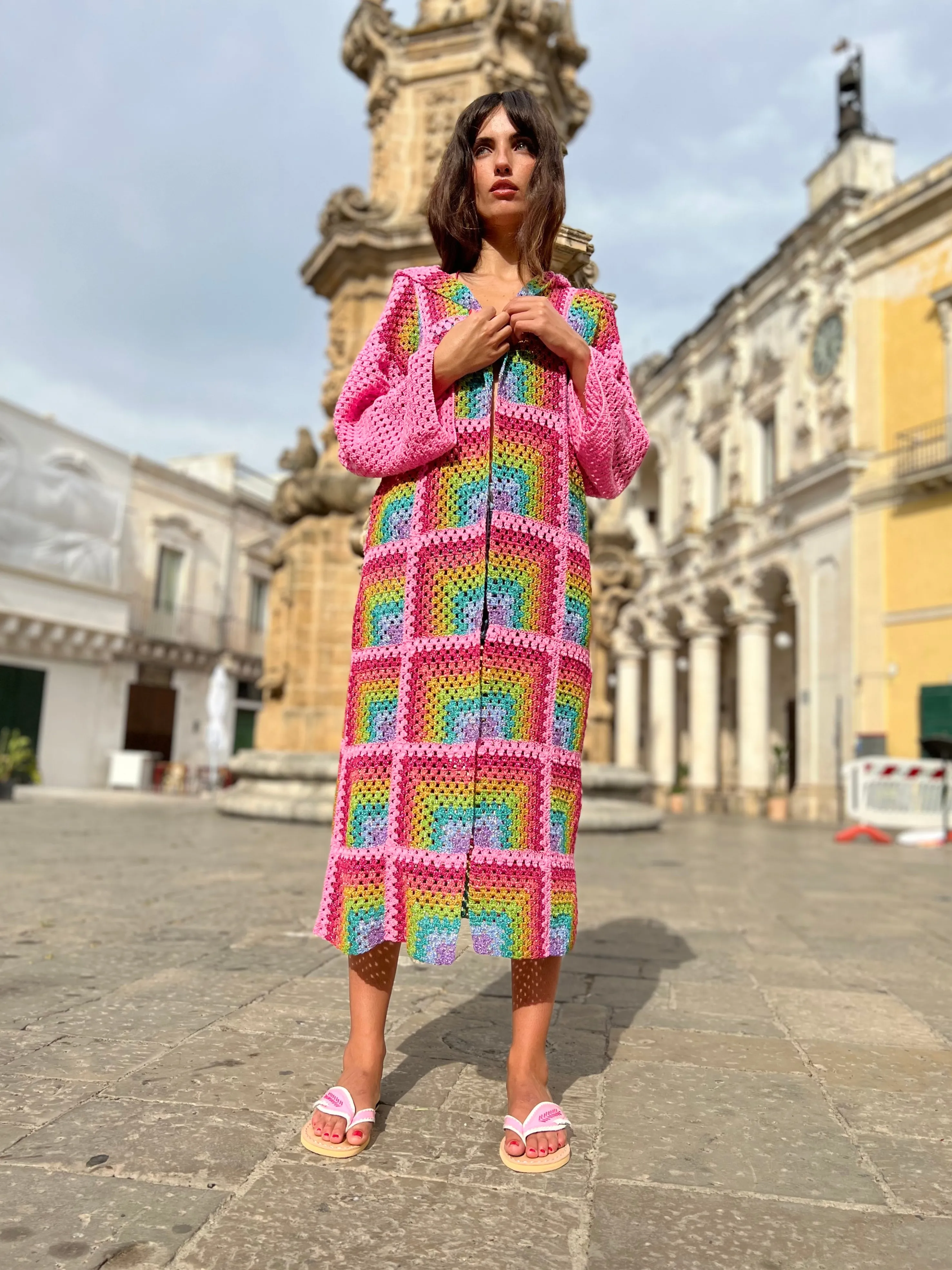 Rose Carmine Coats-PINK RAINBOW HOODIE COAT