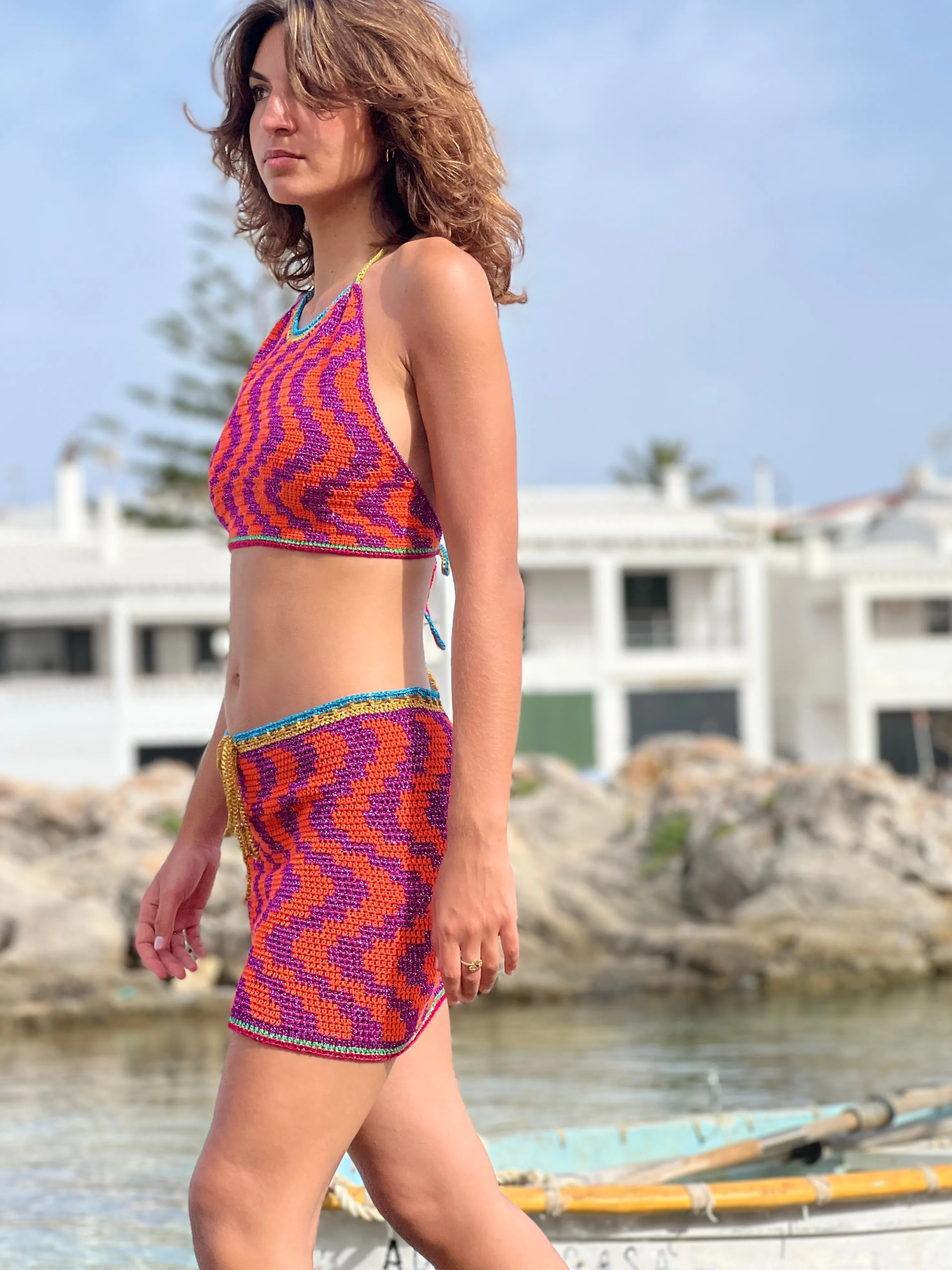 Rose Carmine Tops-HALTER TOP ZIGZAG ORANGE