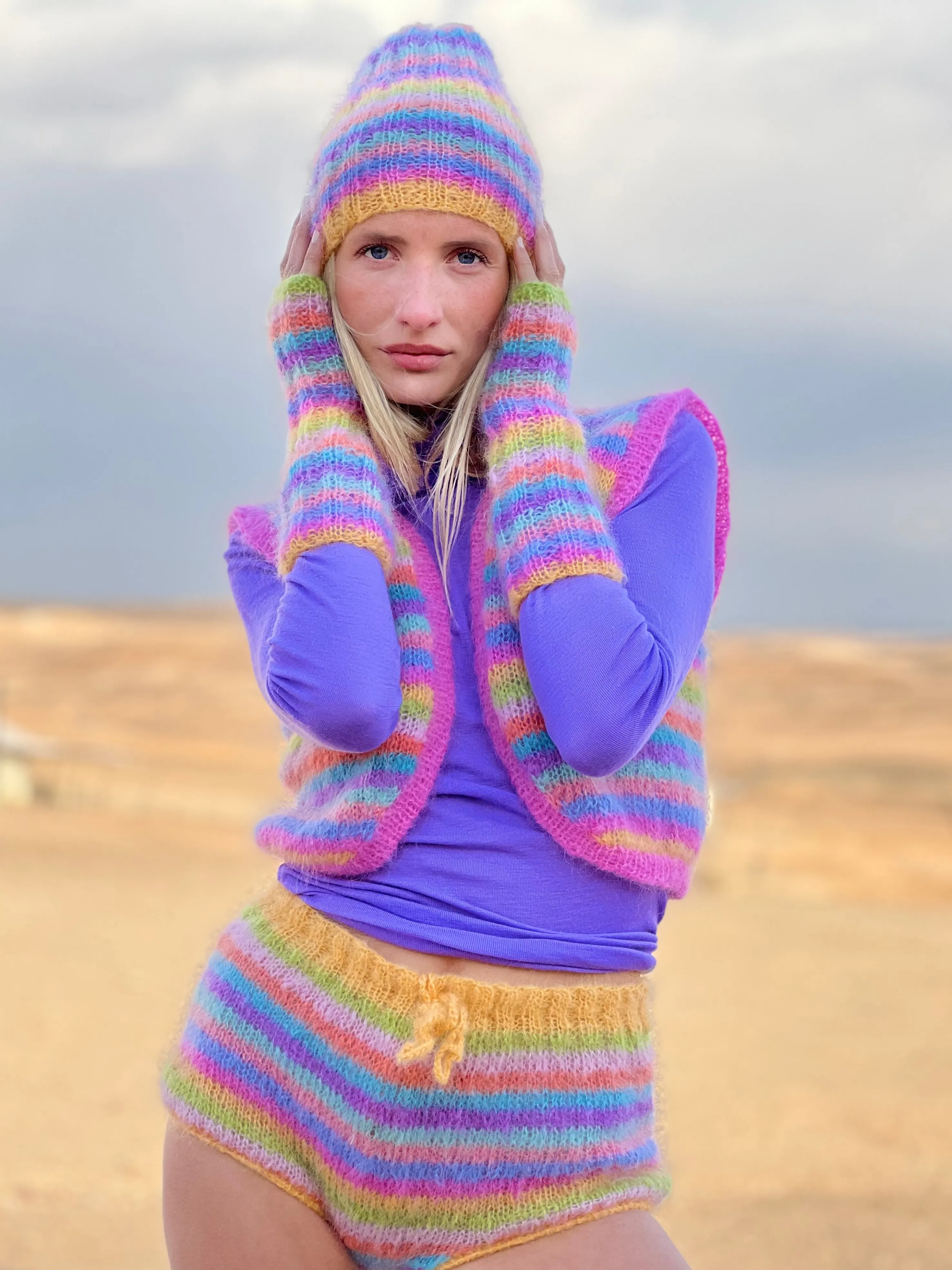 Rose Carmine Accessories-HAT & MITTENS MULTISTRIPES PASTELS