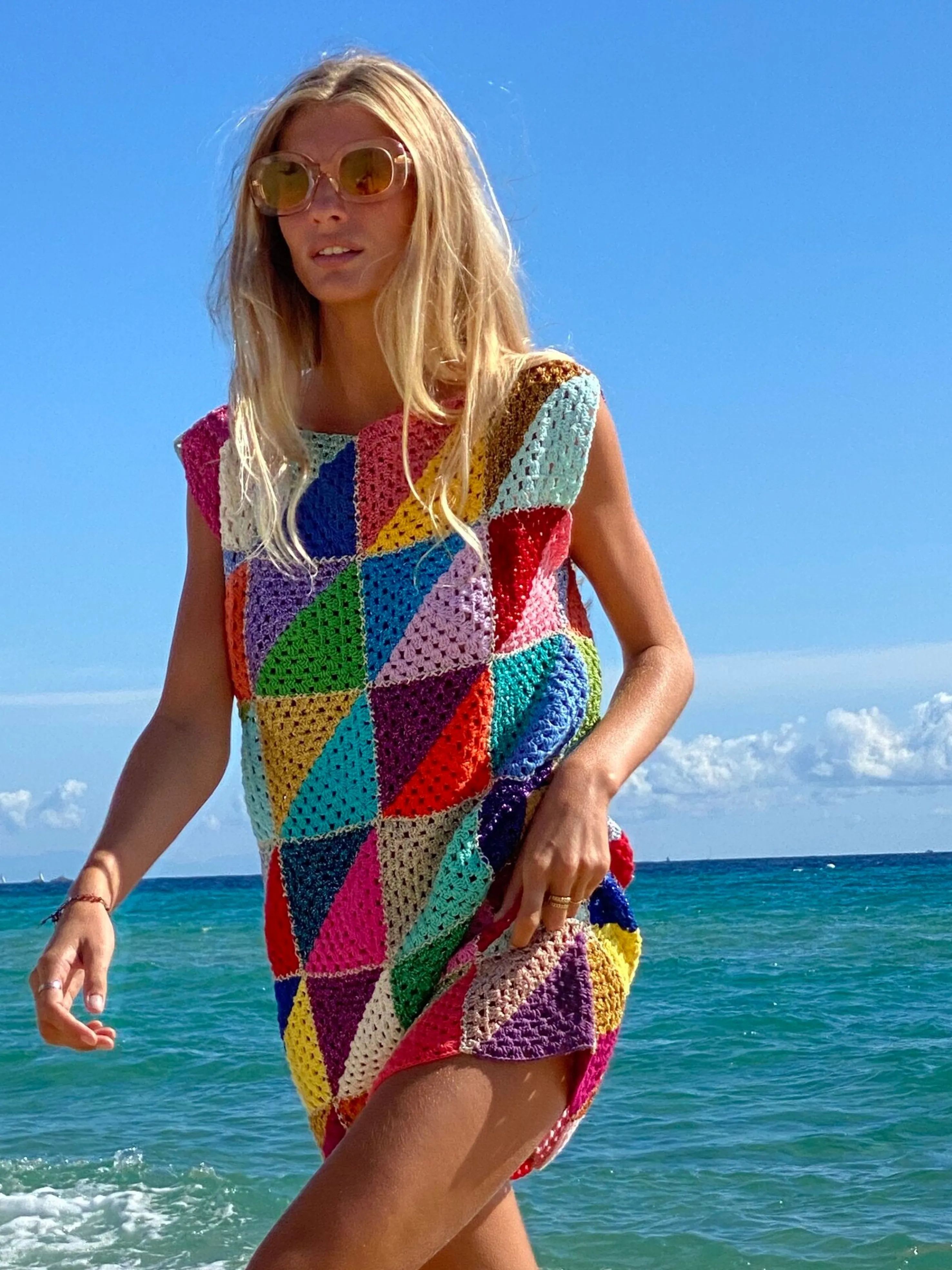 Rose Carmine Iconics|Dresses-MULTICOLOR DIAGONALES SHORT DRESS NO SLEEVES