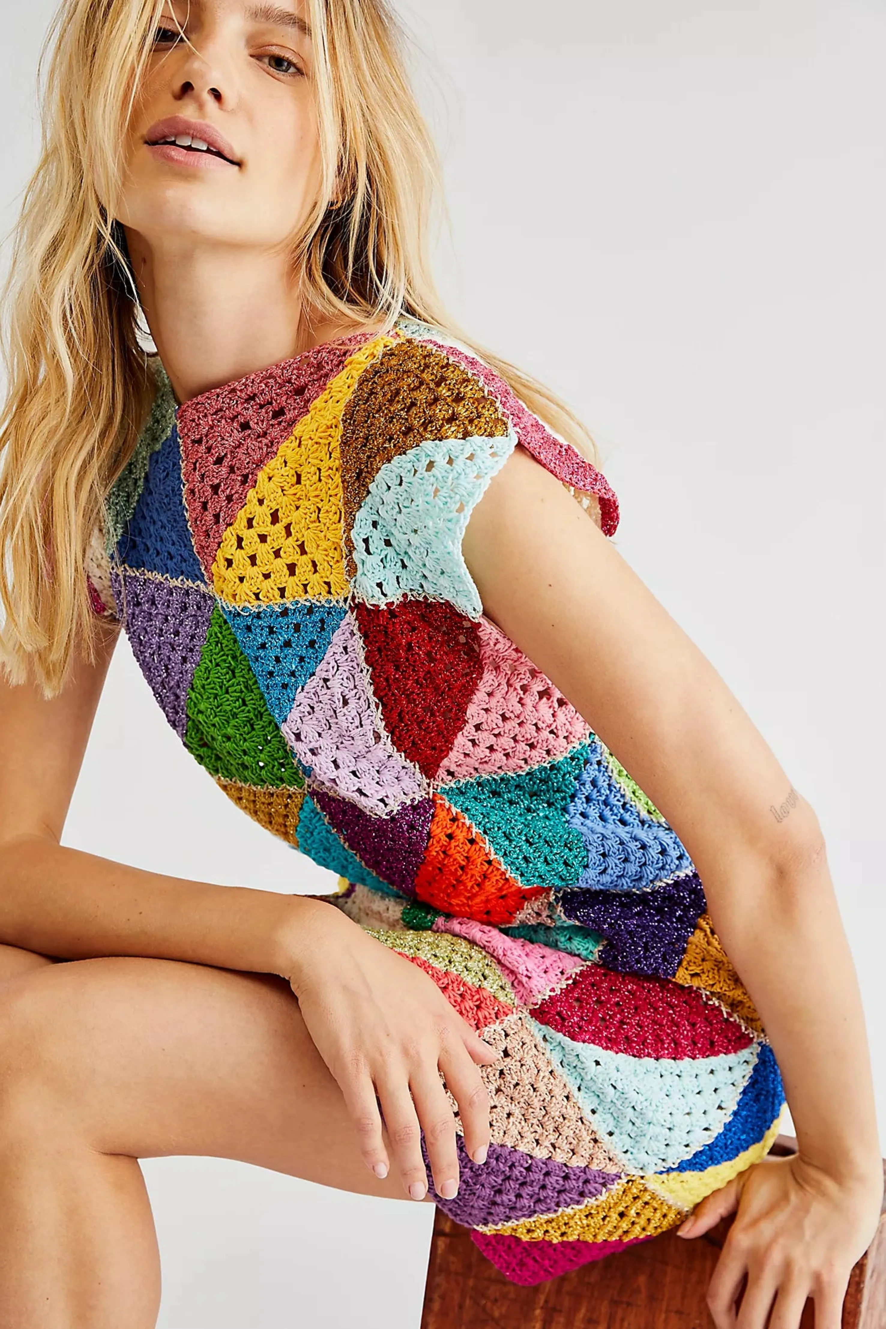 Rose Carmine Iconics|Dresses-MULTICOLOR DIAGONALES SHORT DRESS NO SLEEVES