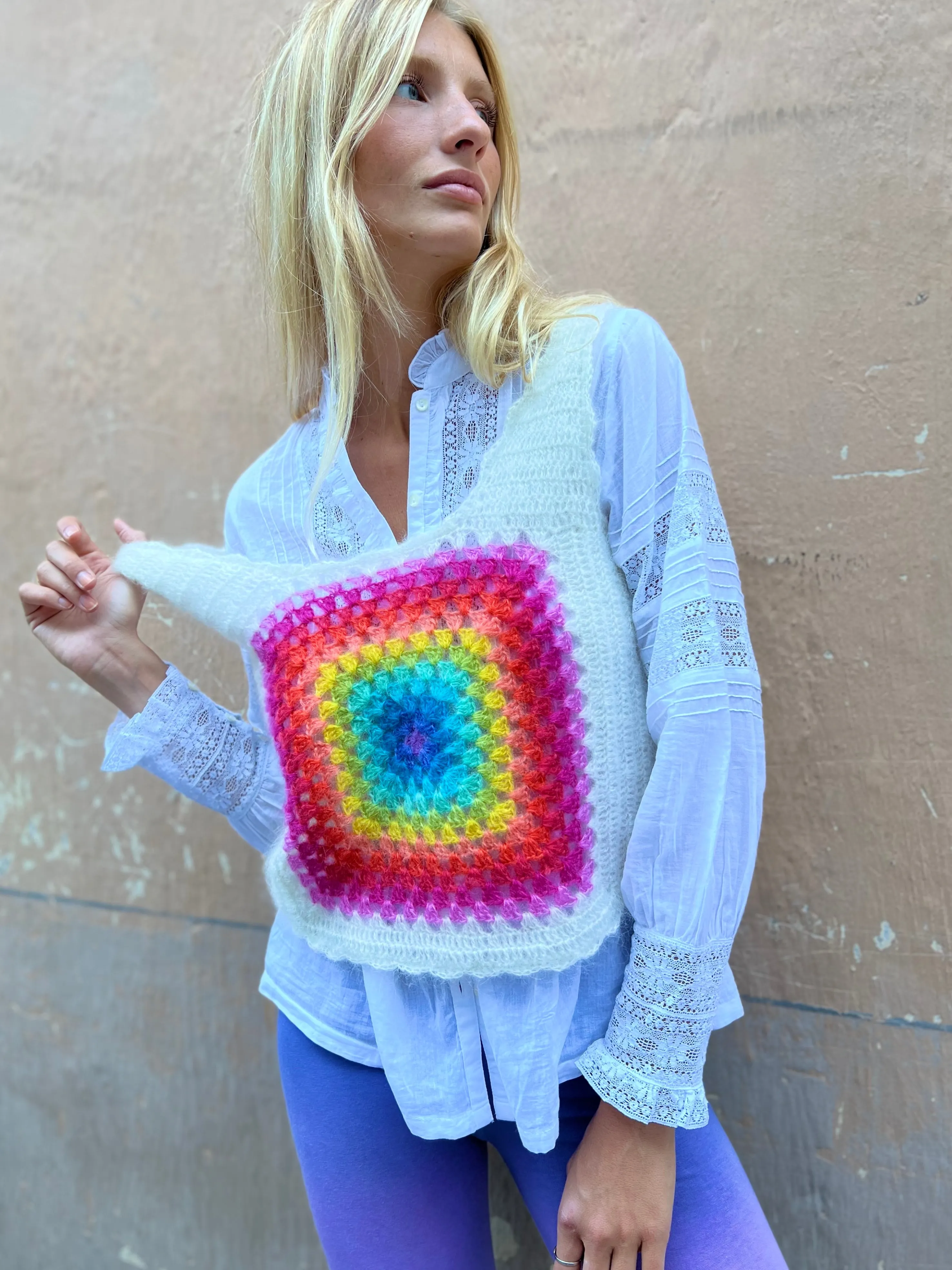 Rose Carmine Tops-STRONG PATCHWORK MOHAIR TOP