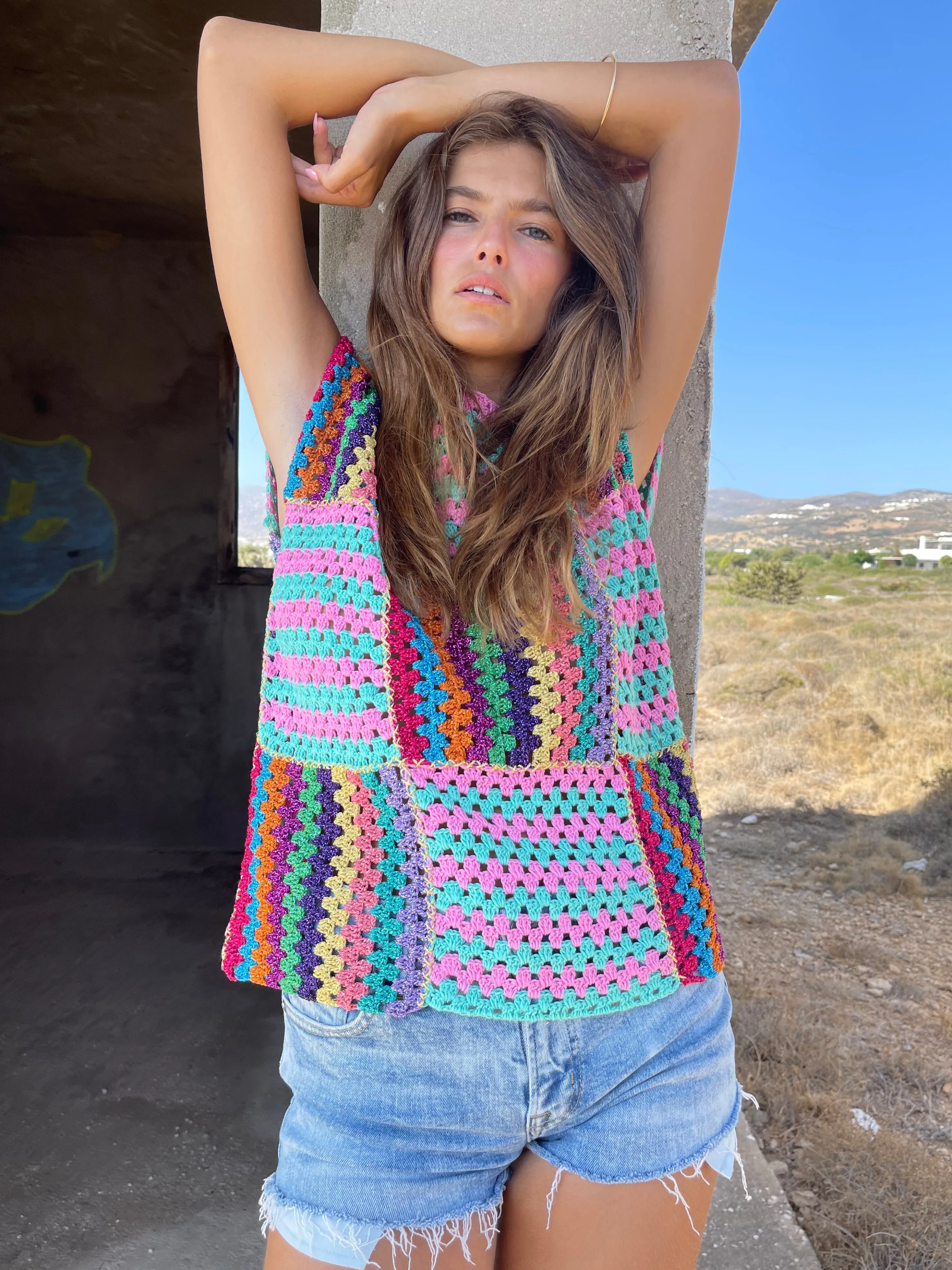 Rose Carmine Tops-PINK / AQUA RUBAN TOP