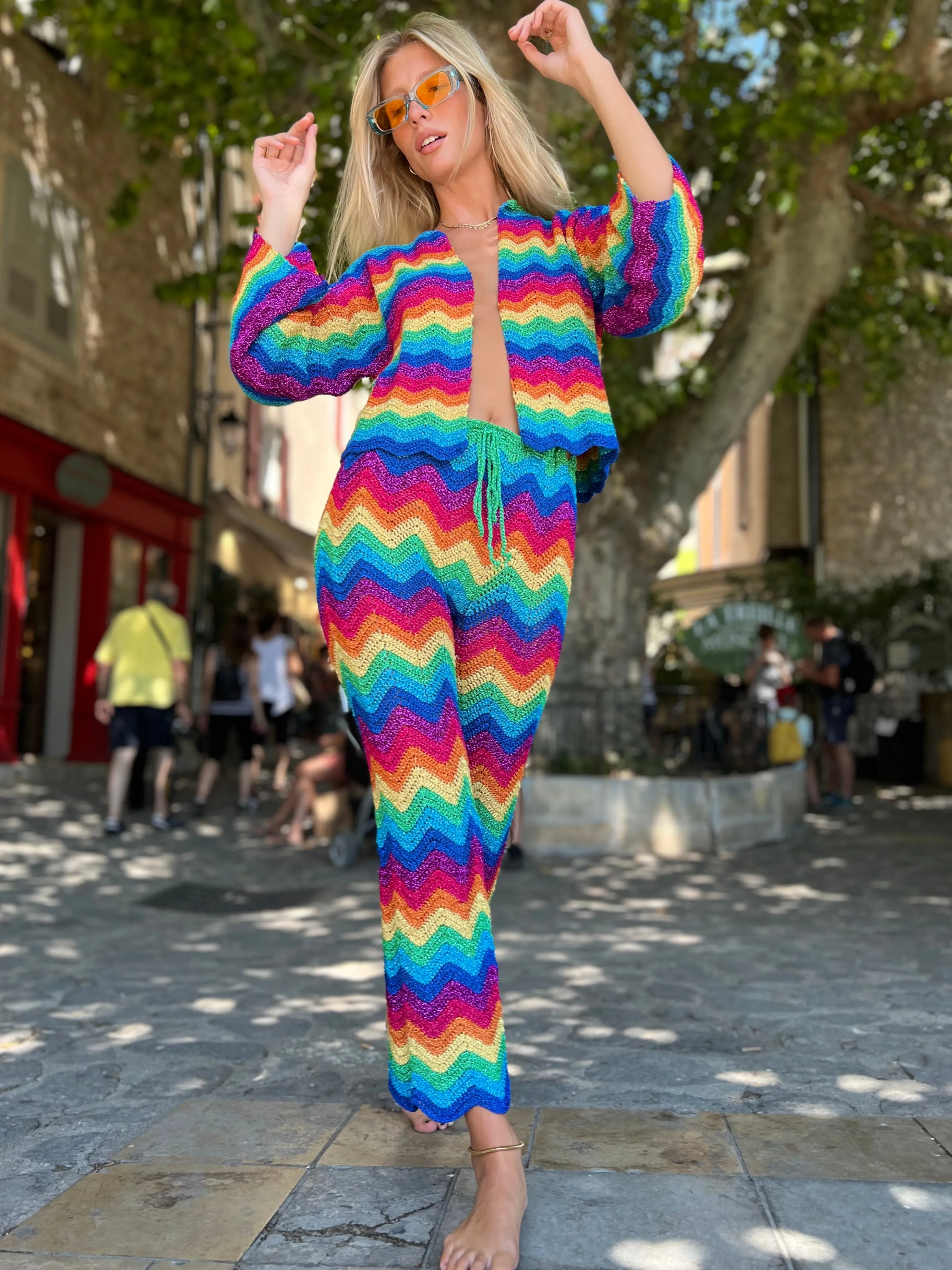 Rose Carmine Bottoms-MULTICOLOR WAVE LUREX PANTS