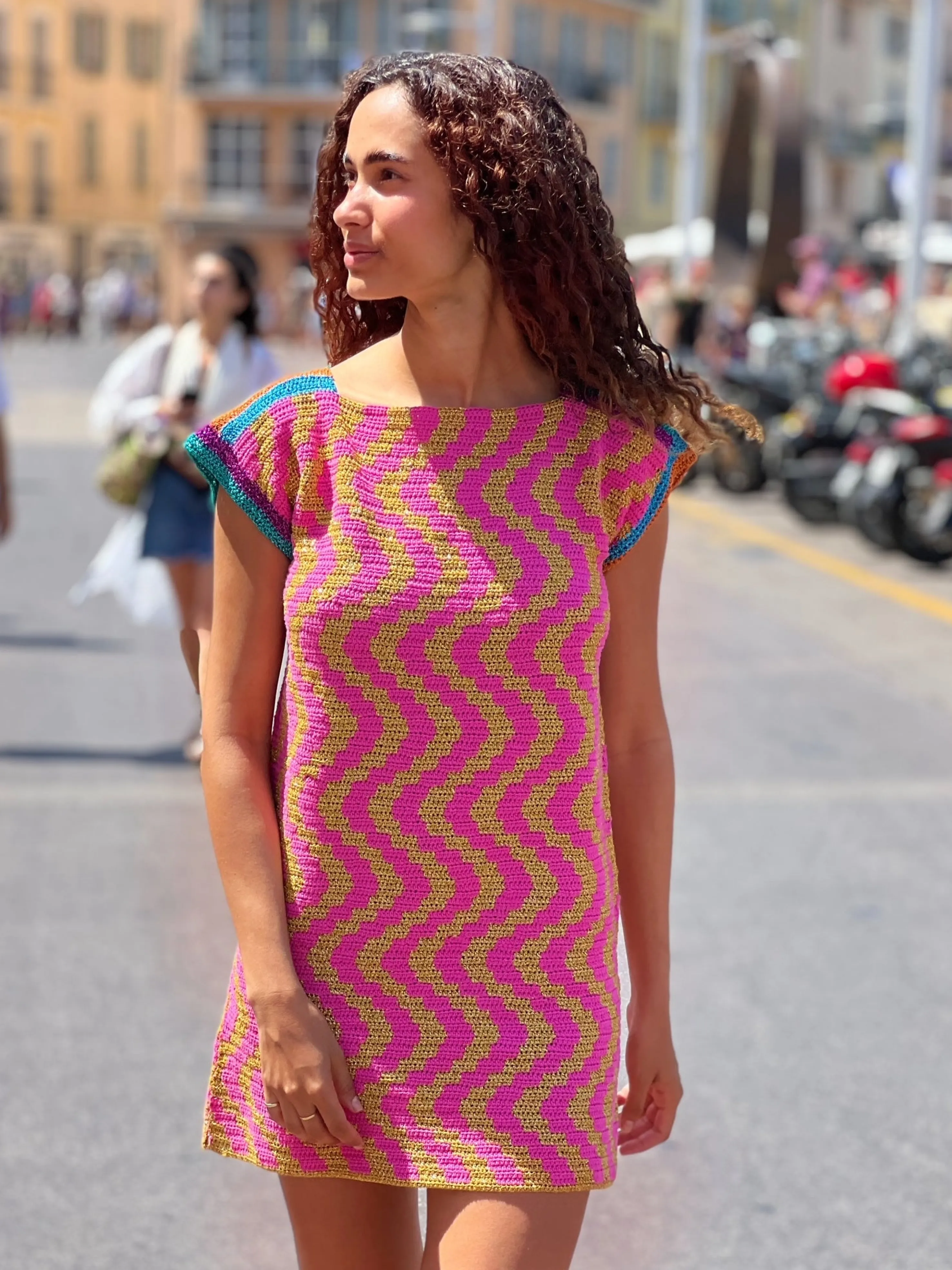 Rose Carmine Dresses-DRESS NO SLEEVES ZIGZAG PINK