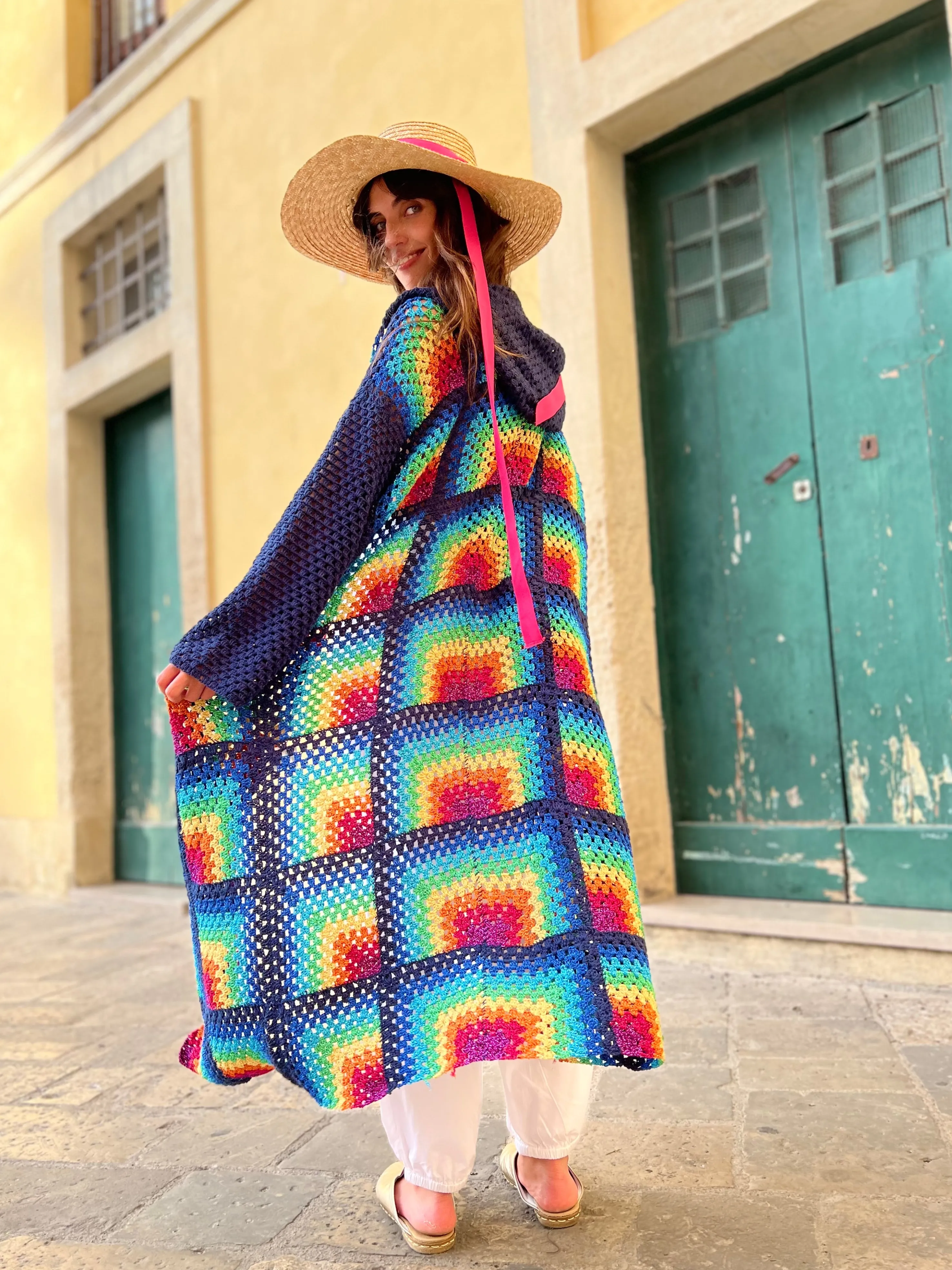 Rose Carmine Coats-NAVY RAINBOW HOODIE COAT