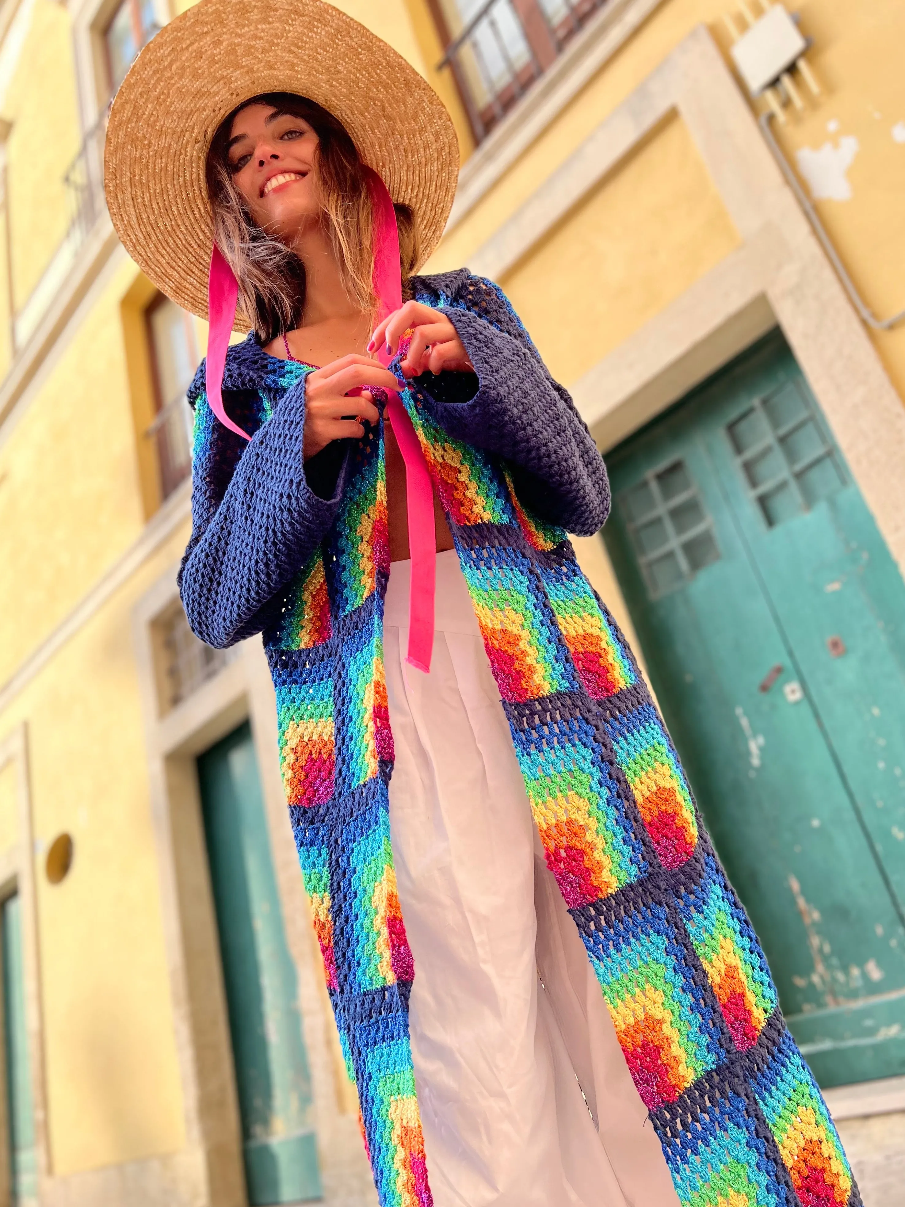 Rose Carmine Coats-NAVY RAINBOW HOODIE COAT