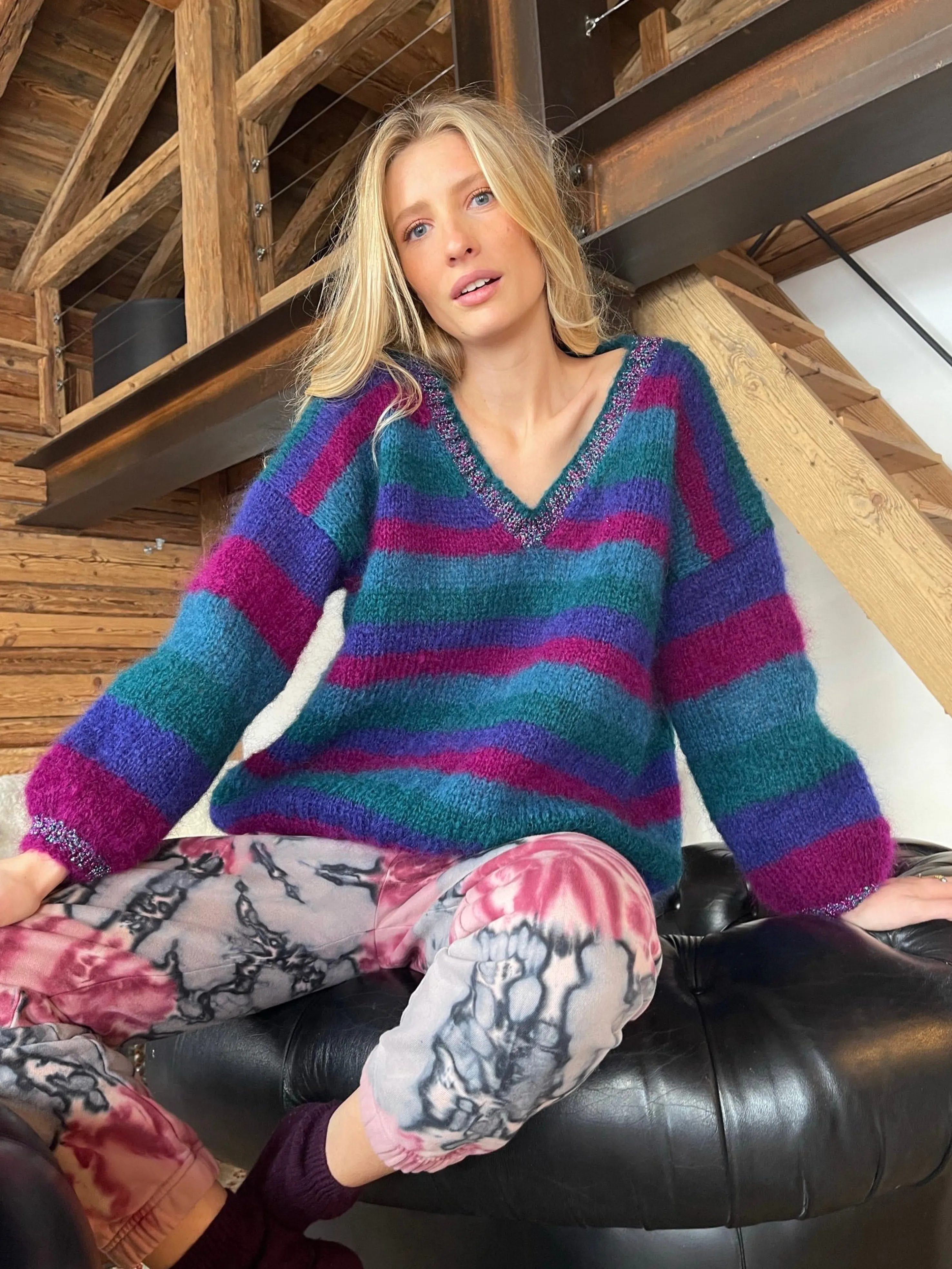 Rose Carmine Sweaters-PRUNE STRIPES SWEATER V-NECK